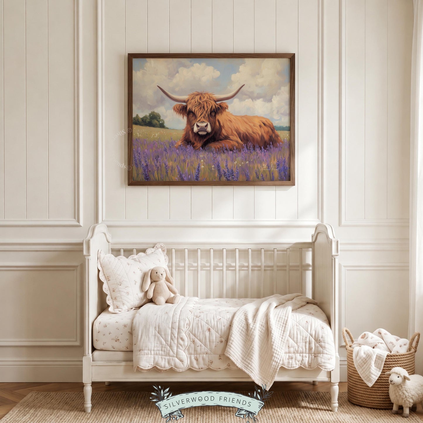 Shaggy cow oil painting for cottagecore aesthetic — add a rustic touch to your home with calming colors and a tranquil sky backdrop.