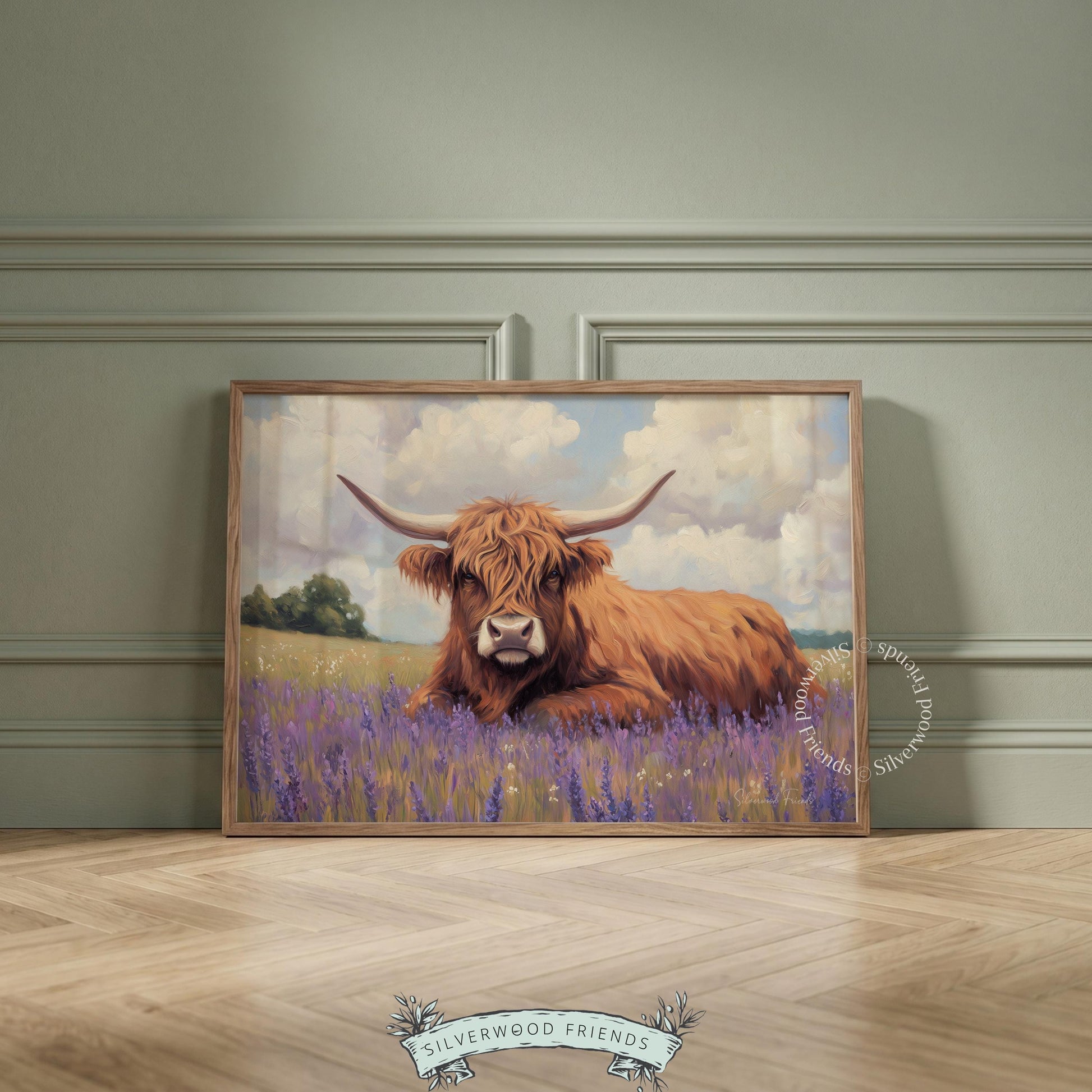 Cow face painting wall art for dining area — pastoral essence captured in warm and cool color contrasts among a floral field.