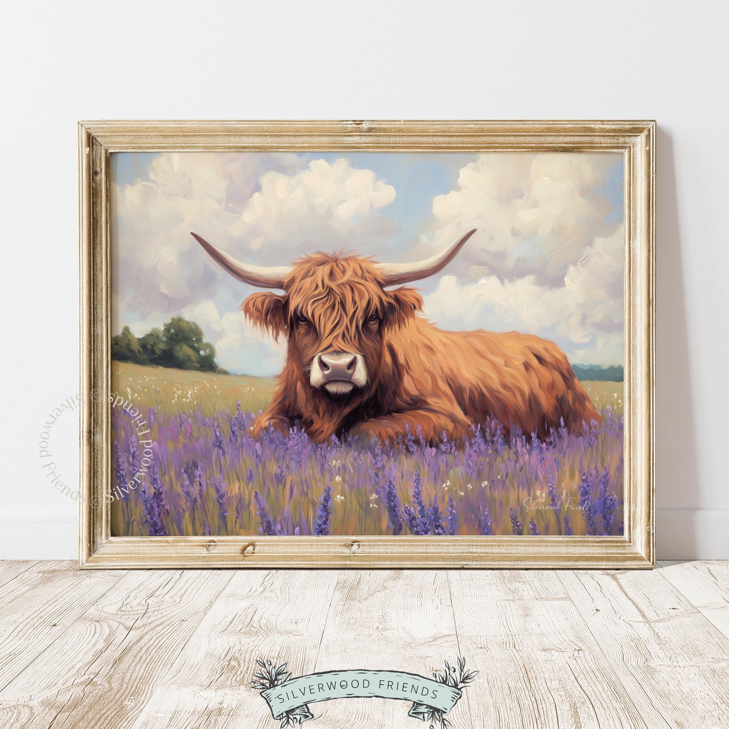 Shaggy Highland cow digital print for entryway — visually charming piece highlighting a serene countryside landscape and lively colors.
