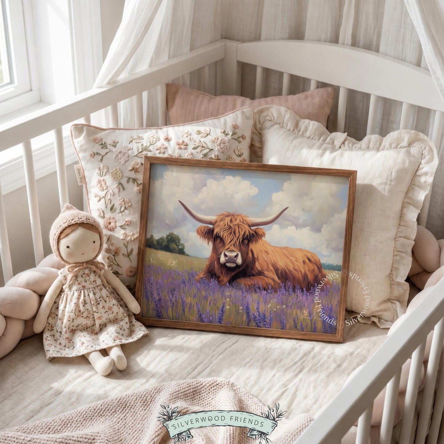 Cozy Highland cow painting for playroom — bring pastoral beauty and warmth to your space with delightful brushwork and color.