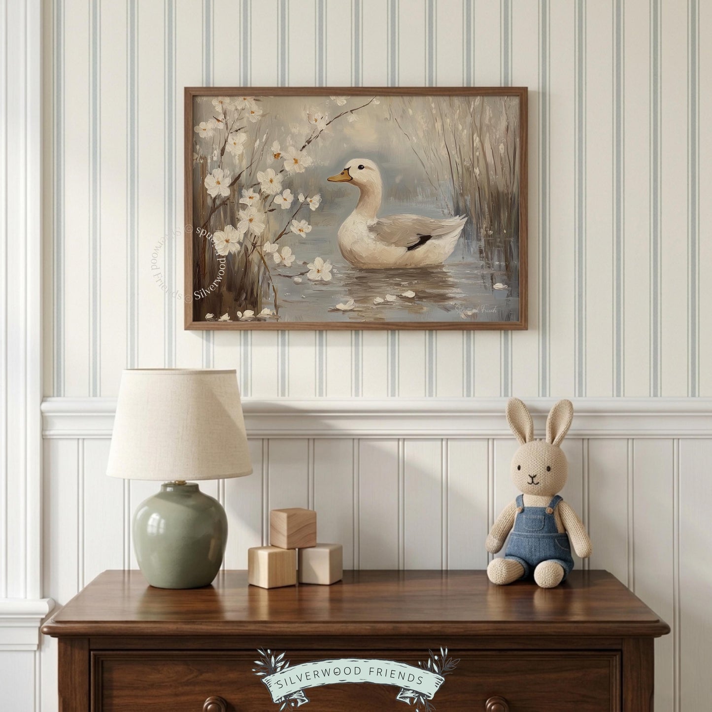 Calming duck poster for minimalist entryway — tranquil artwork featuring delicate floating petals and a serene water scene.