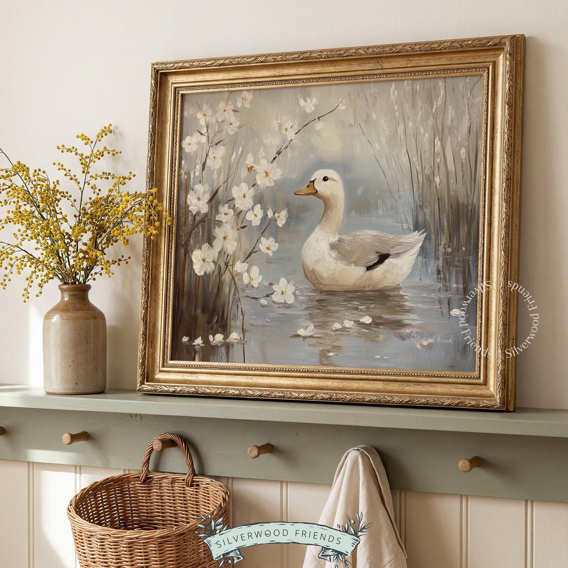 Floating white duck printable art for rustic home library — calming digital print enhanced by delicate blossoms and peaceful tones.