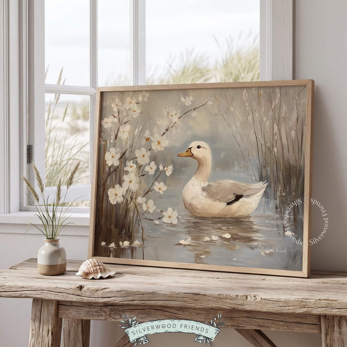 Gentle duck poster for nature-inspired studio — serene artwork featuring soft brushwork and muted colors for a cozy feel.