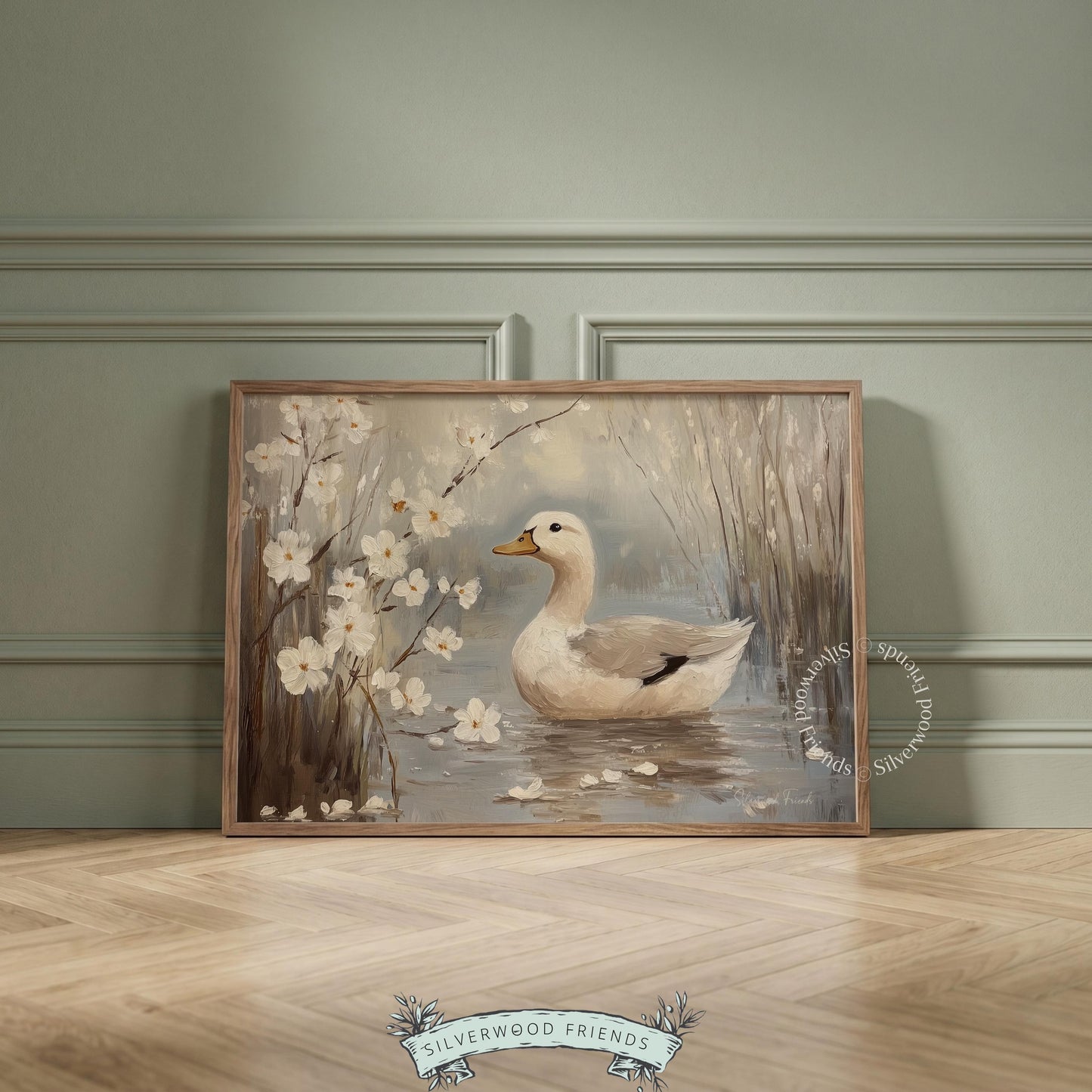 White duck digital print for farmhouse playroom — gentle and calming wall art capturing the essence of cottagecore aesthetics.