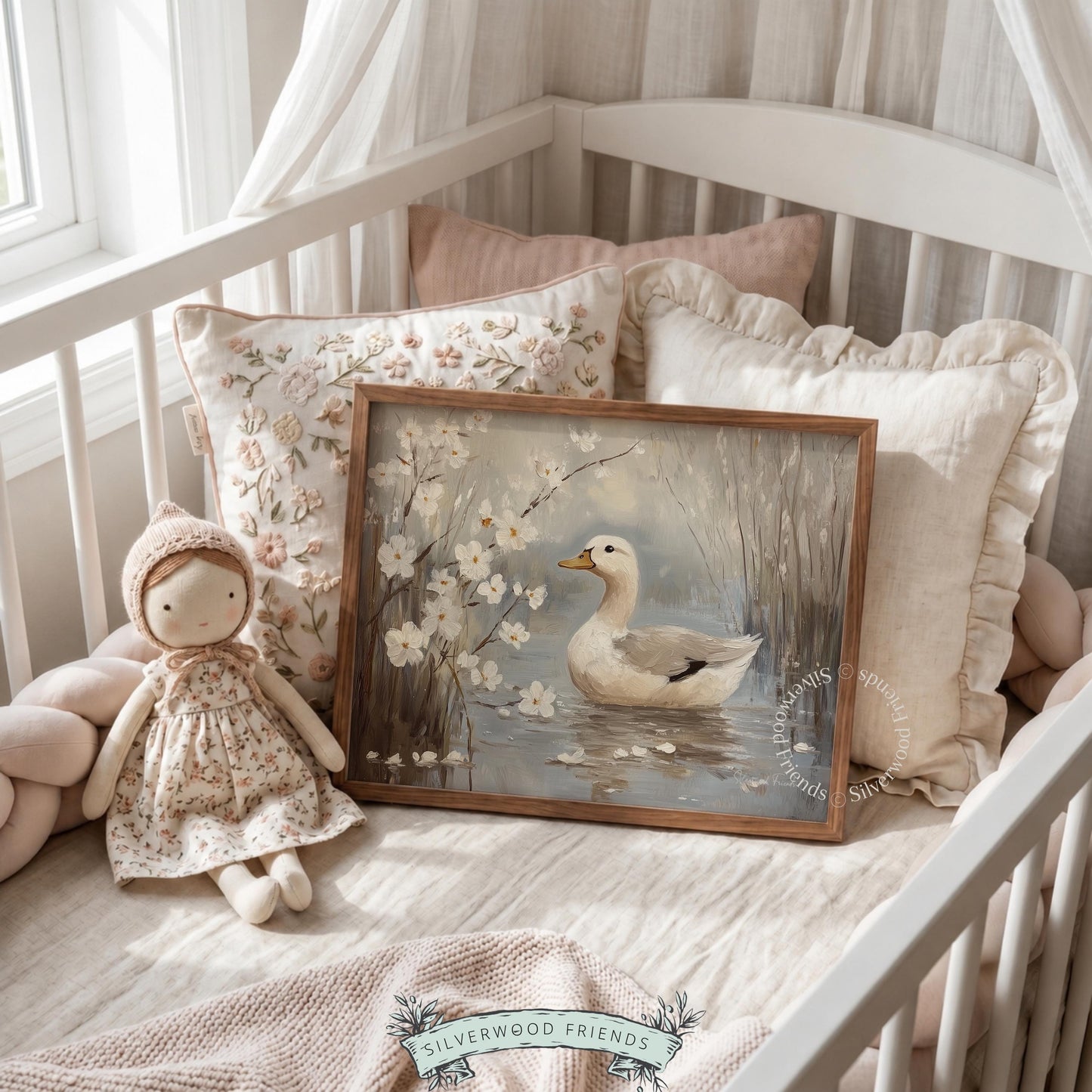 White duck painting for cozy guest room — tranquil wall decor showcasing soft colors and a calming pastoral scene.