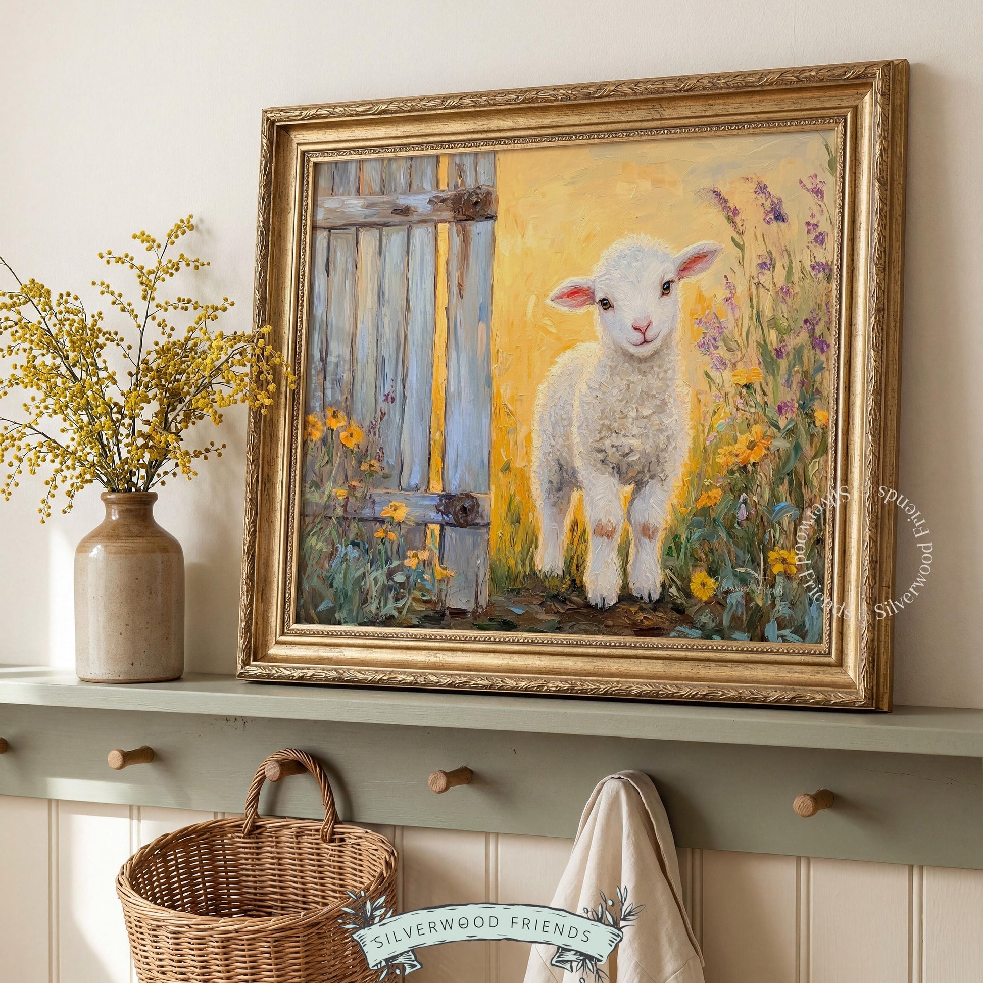 Soft lamb painting for country cottage — calming visual with a gentle touch, framed by vibrant blooms.