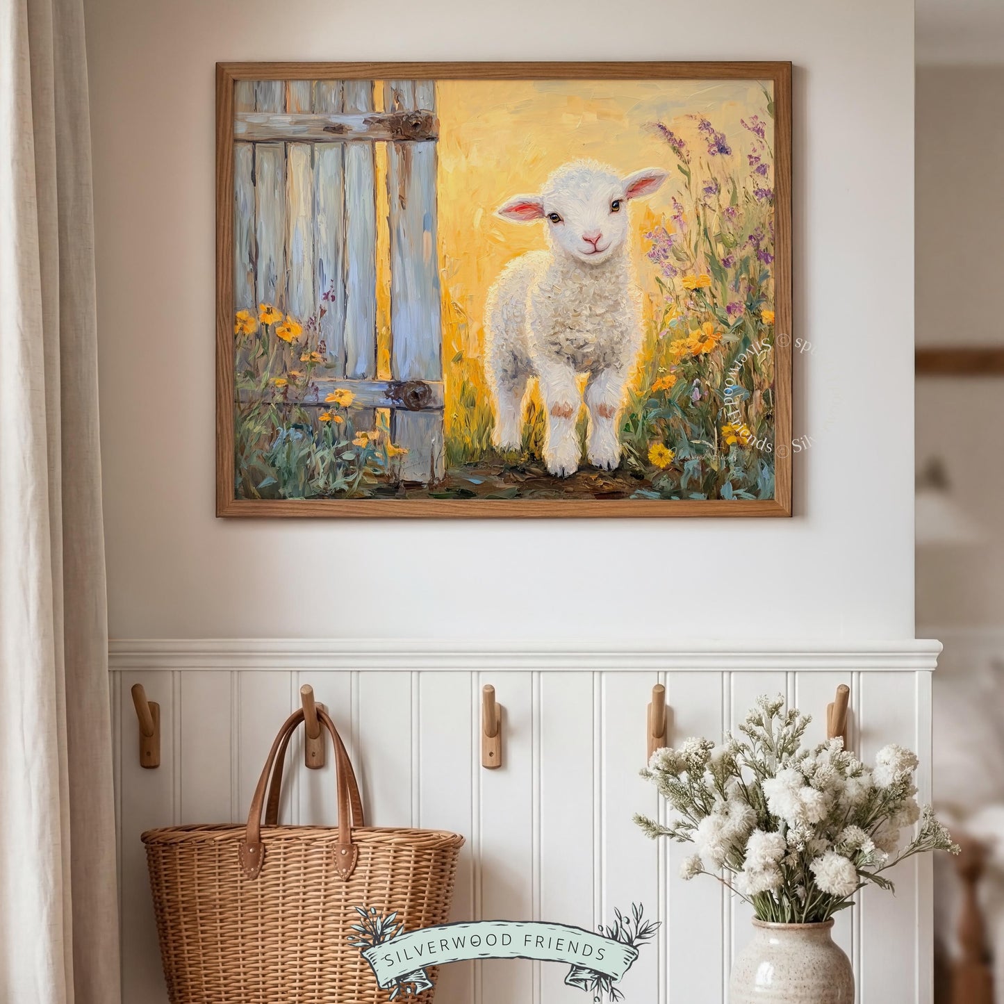 Lovely lamb image for children's bedroom — soft whites and warm yellows create a nurturing atmosphere filled with joy.