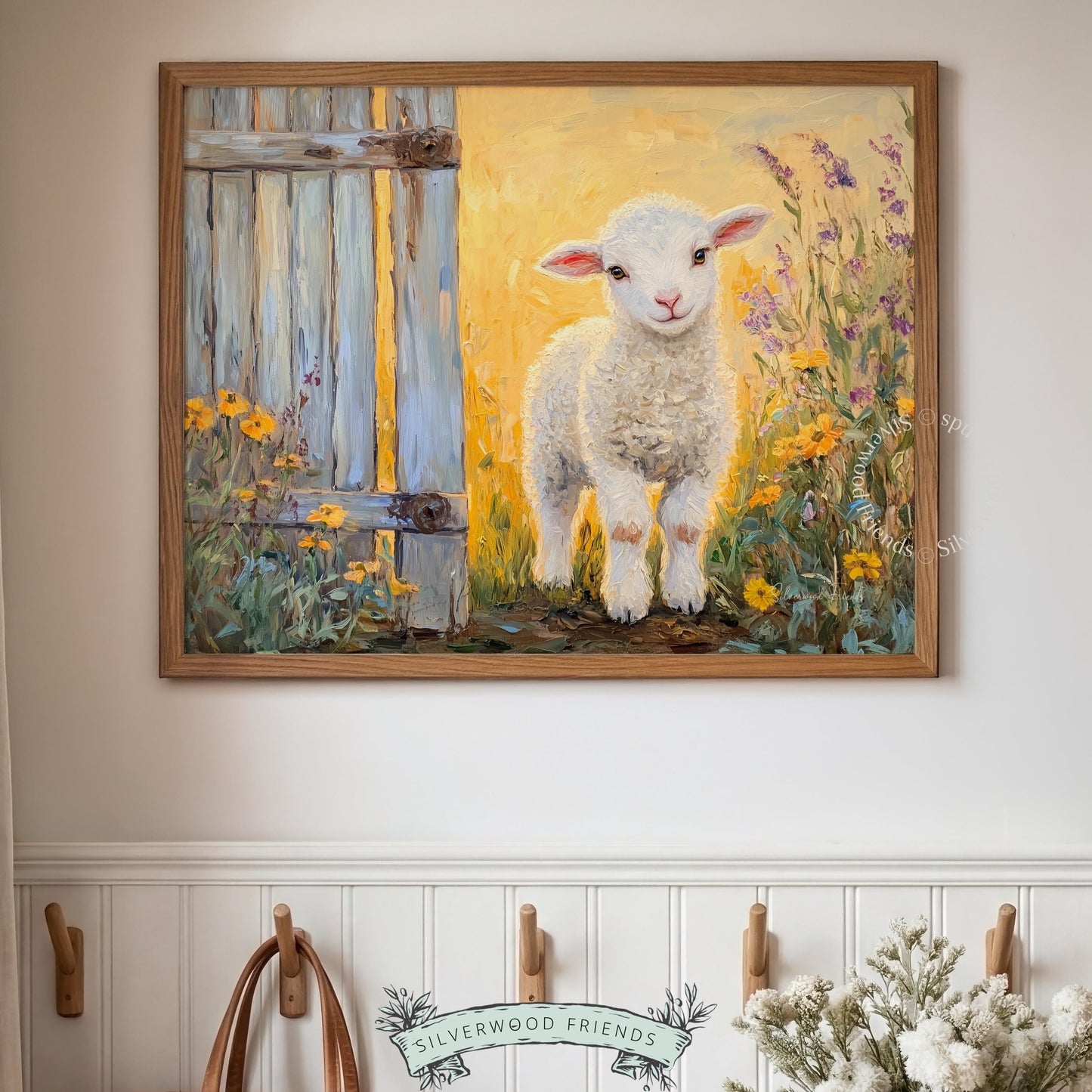 Delightful lamb wall decor for kids' playroom — rustic countryside vibes complemented by cheerful flowers.