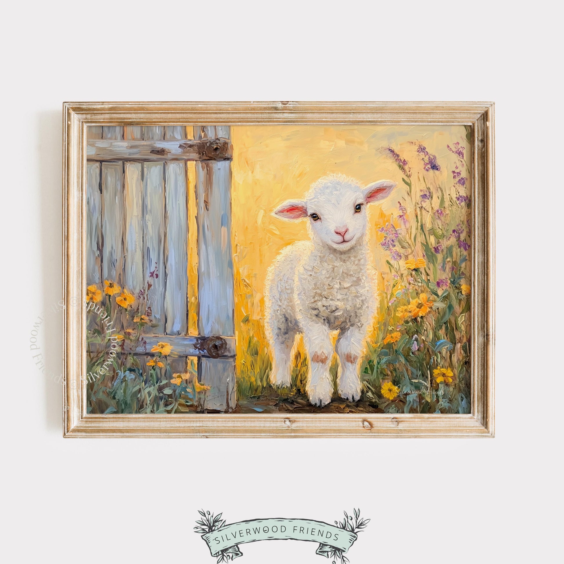 Adorable lamb printable wall art for family gathering areas — peaceful expression blends beautifully with warm colors.
