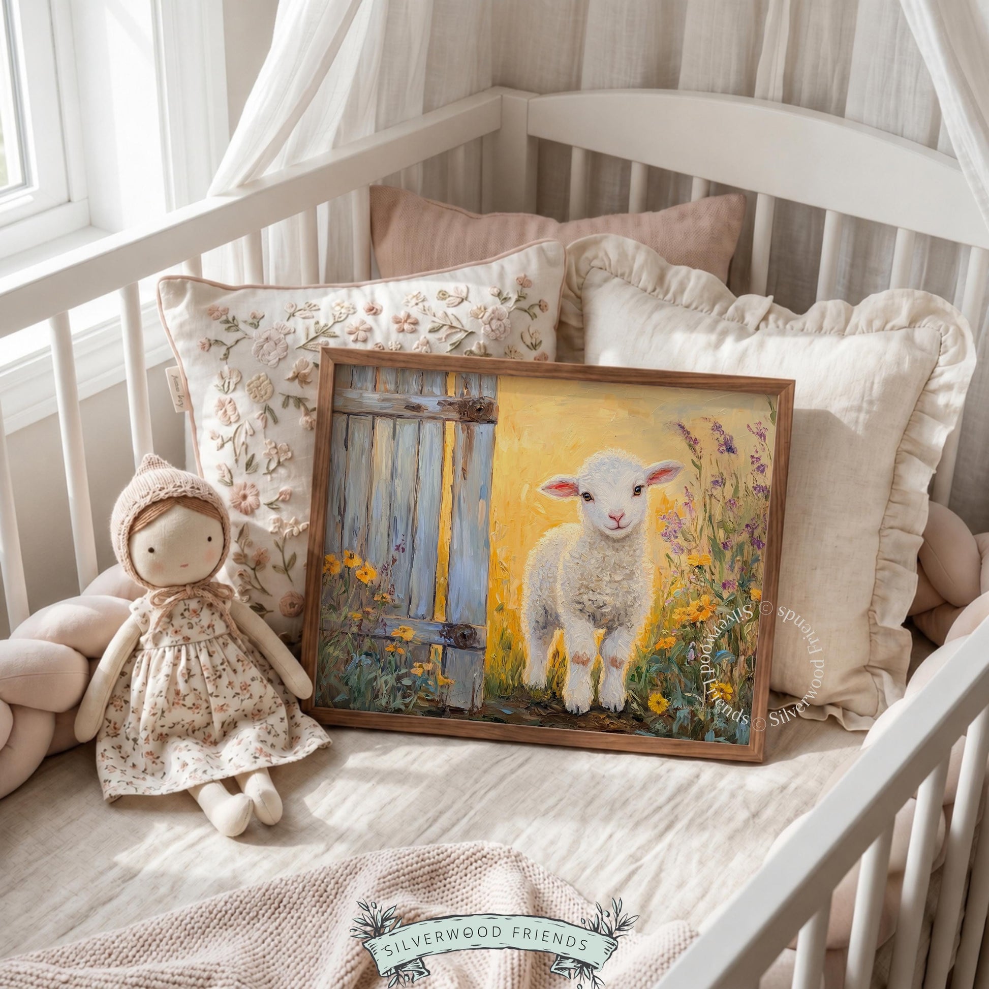 Cute lamb digital print for child’s room — inviting countryside aesthetic with vibrant flowers and soothing tones.