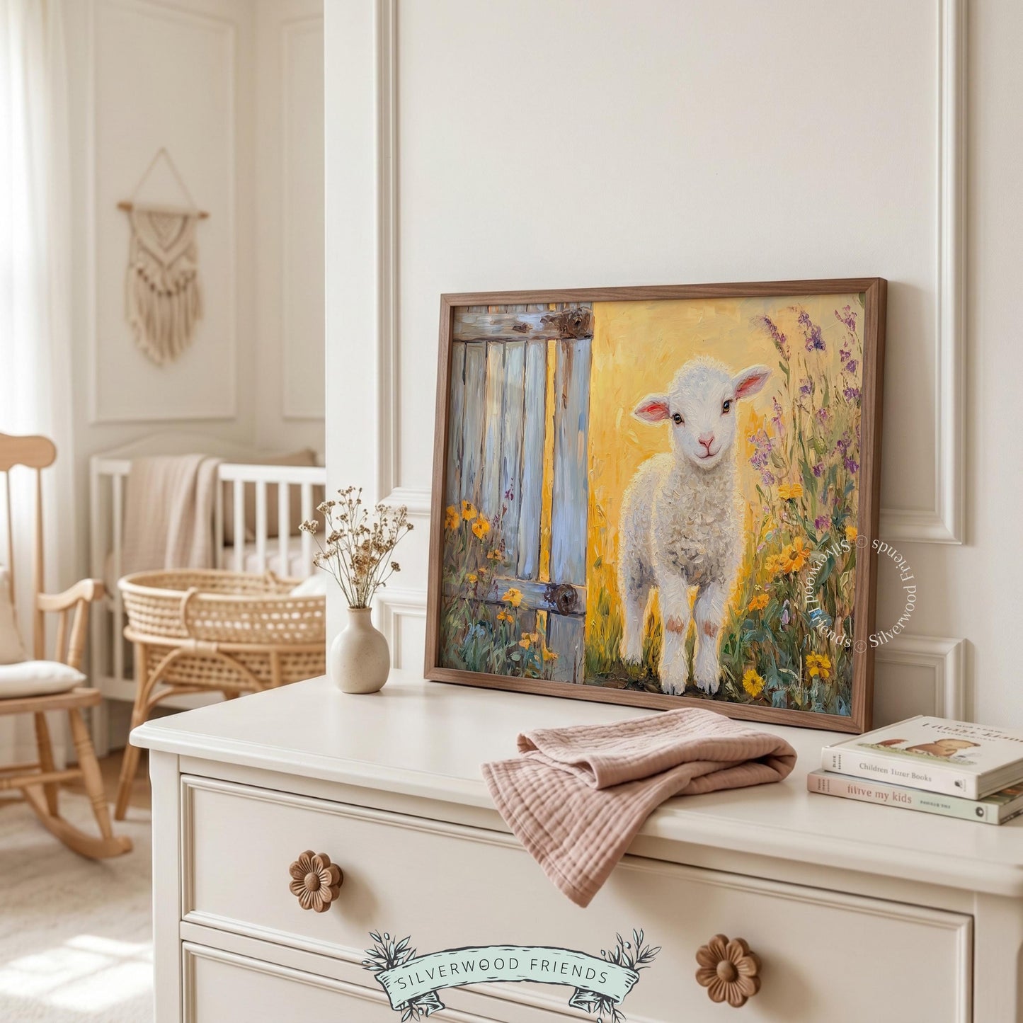 Majestic lamb painting poster for farmhouse kitchen — rustic charm framed by colorful blooms and warm sunlight.