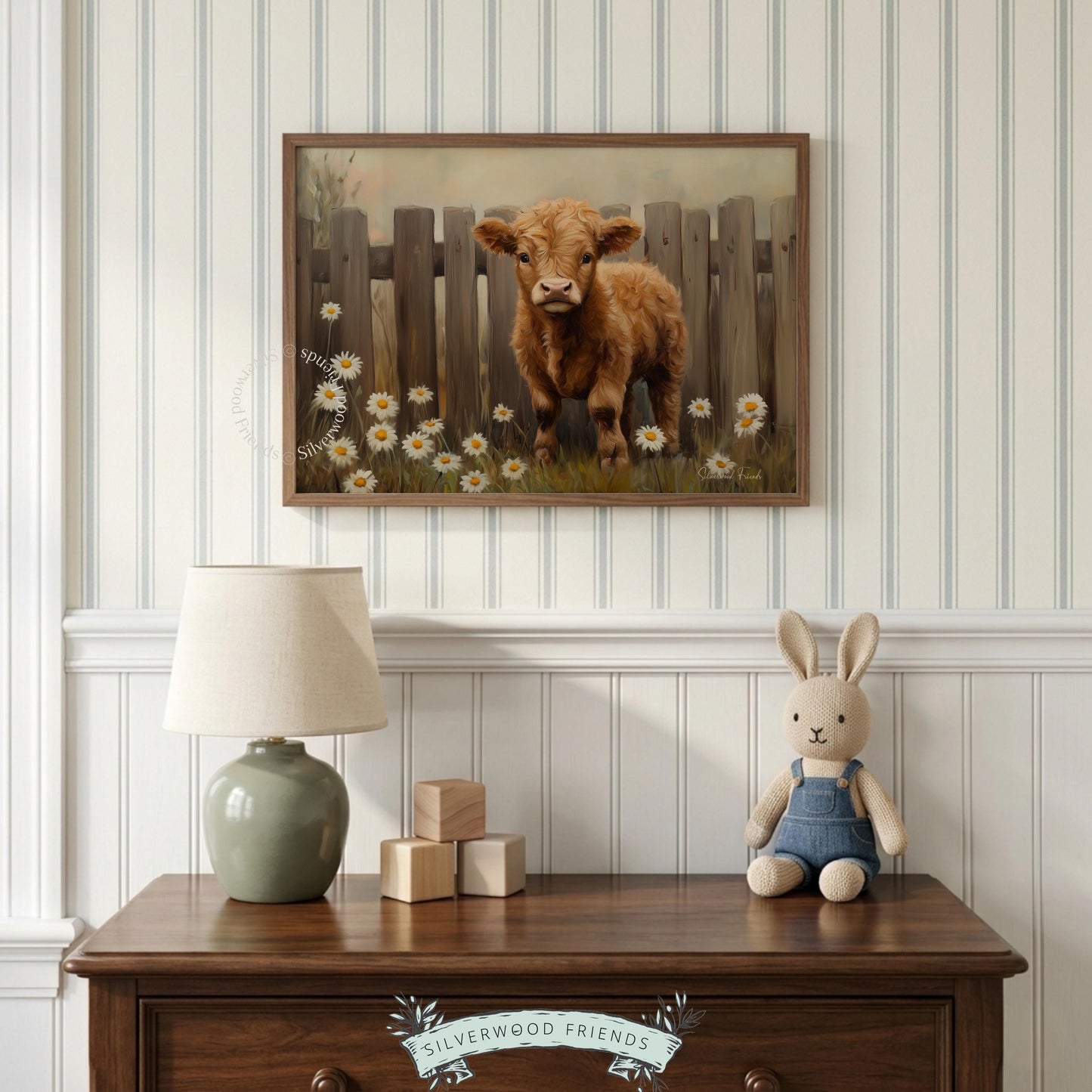 Playful calf painting for farm-themed nursery — soft oil artwork framed by warm colors and hints of wildflowers for charm.