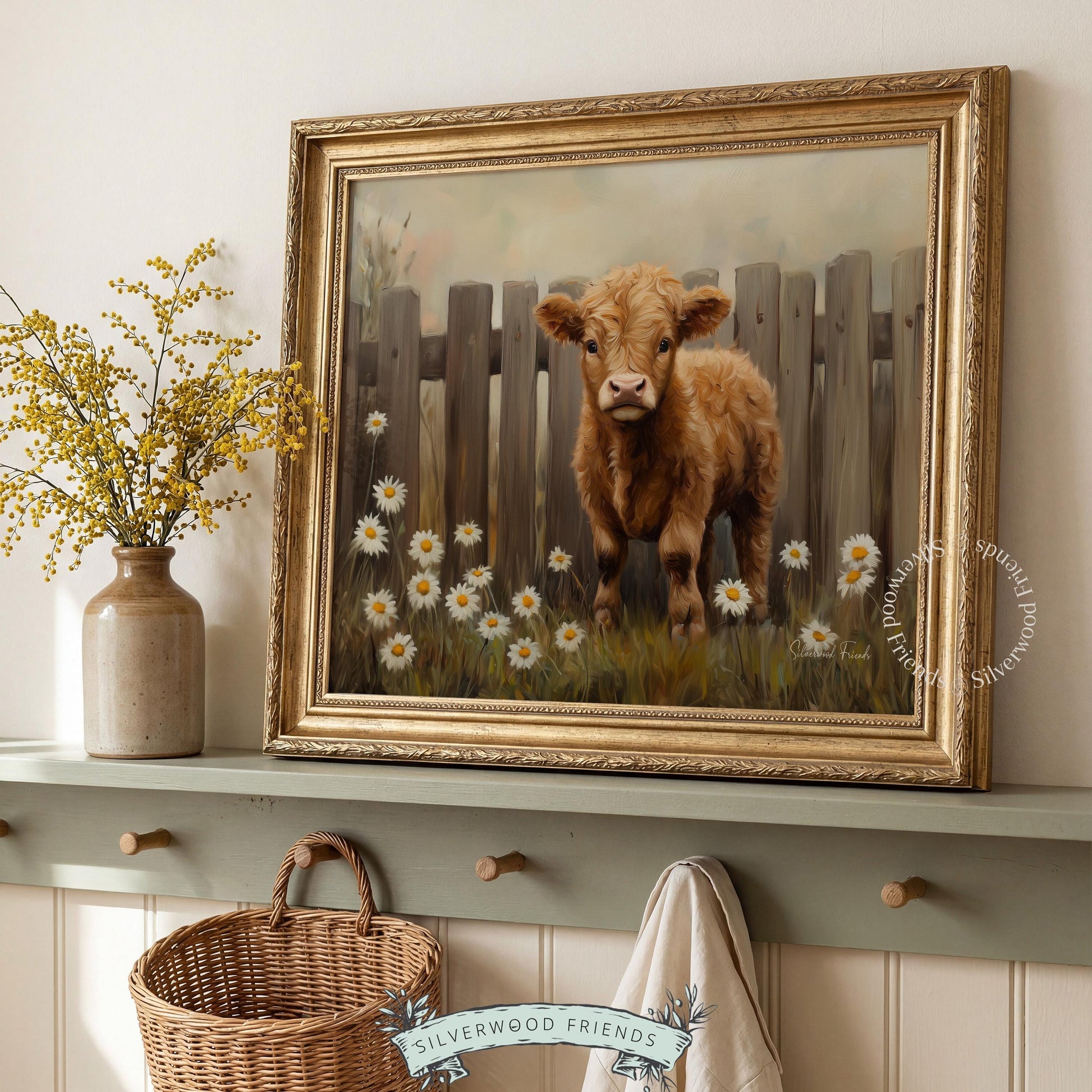Calf picture for cozy reading nook — charming rustic decor featuring soft hues and a gentle expression, perfect for pastoral-themed spaces.