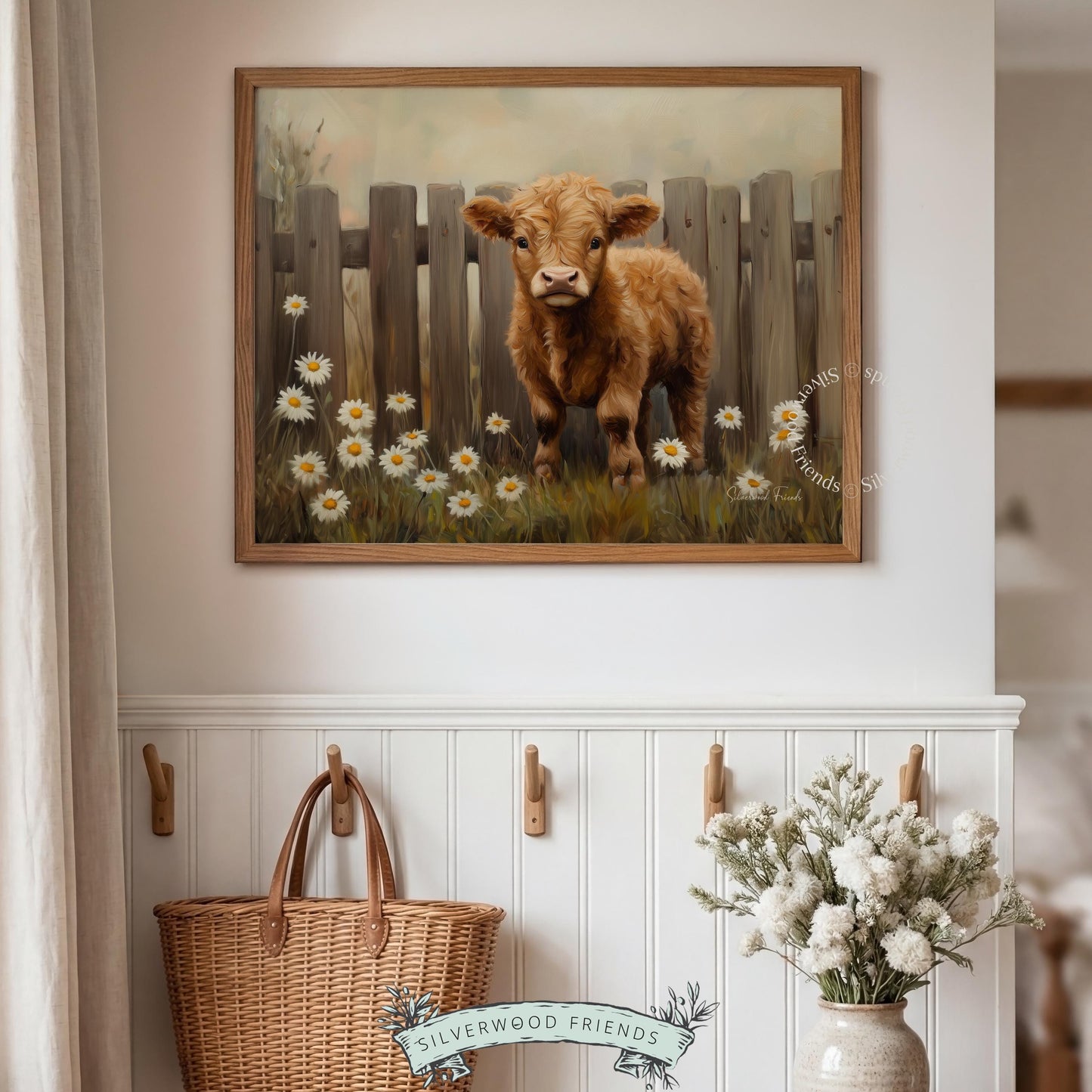 Brown calf artwork for baby nursery — cheerful oil painting embodies a country lifestyle with sweet, warm tones and a sunny outlook.