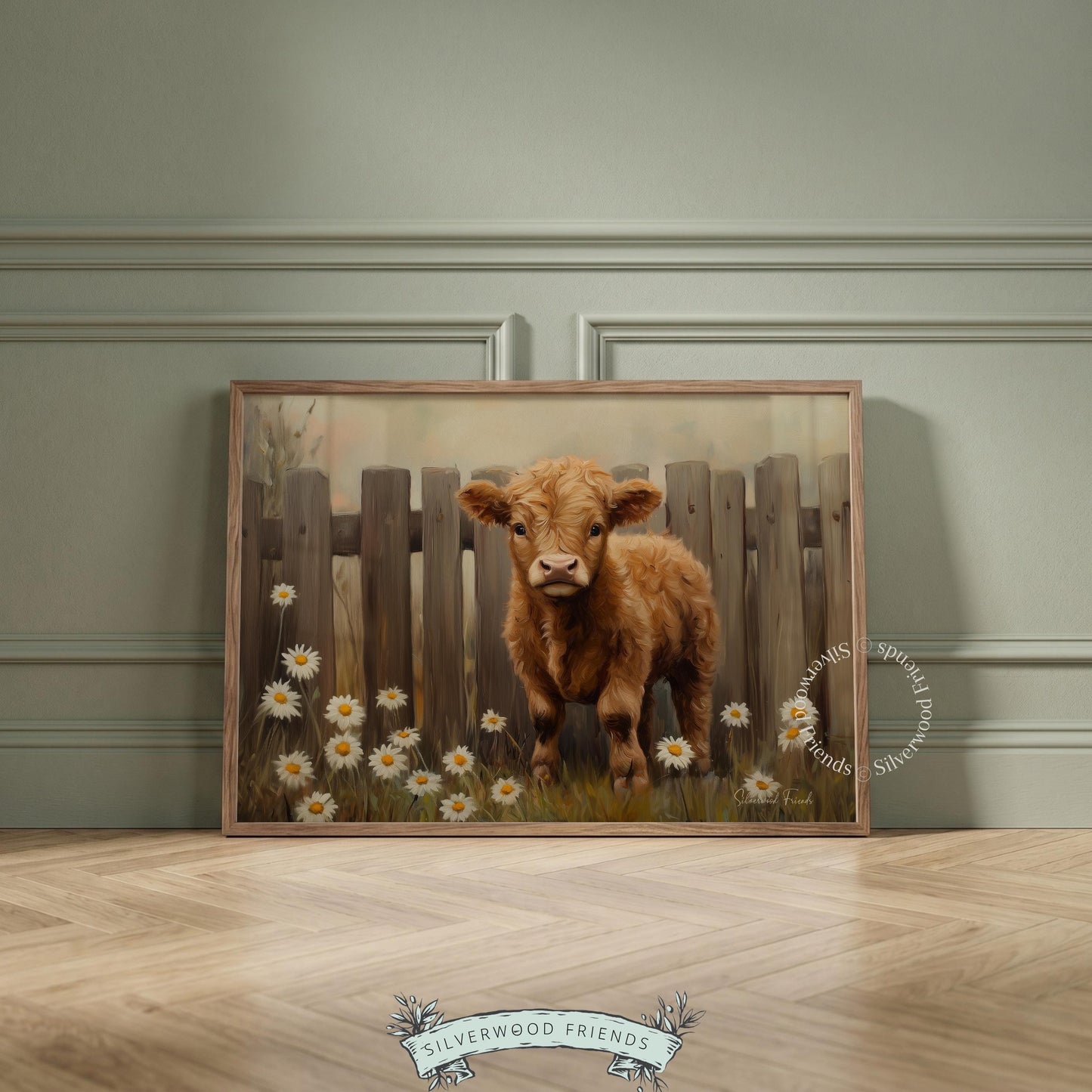 Fluffy brown calf wall art for nursery — cozy cottagecore style with a warm, rustic palette and soft brushwork.