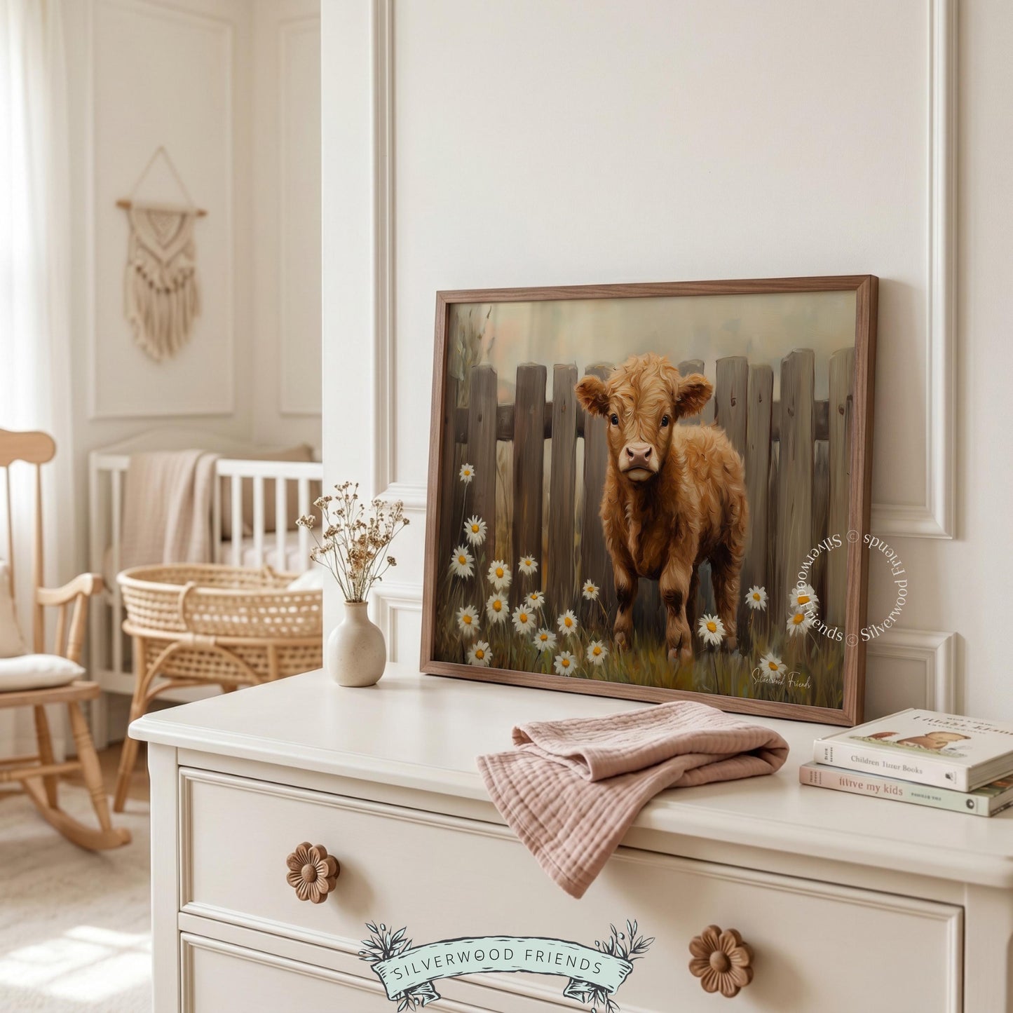 Brown calf artwork for kids' room — delightful country-themed piece with soft brushwork and a weathered wood backdrop.