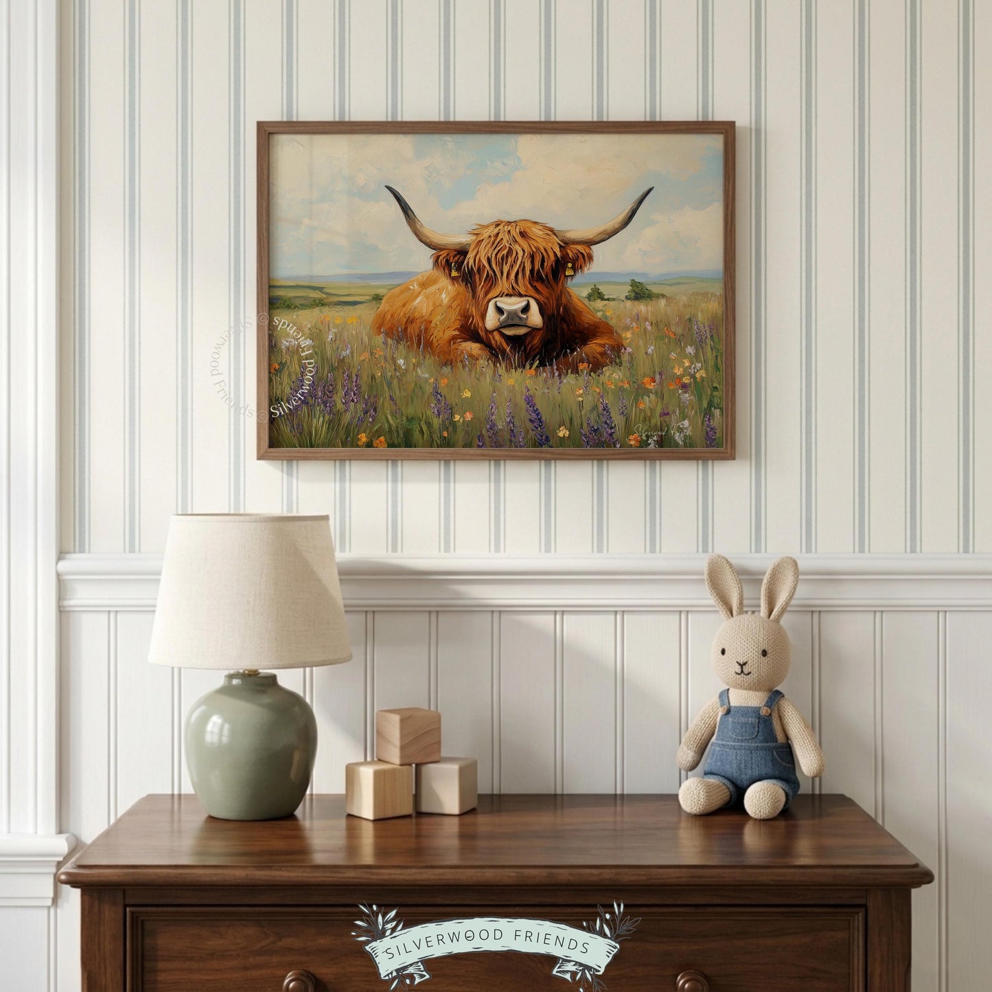 Highland cattle poster for nursery — adorable farm animal artwork with vibrant wildflowers, perfect for baby showers.