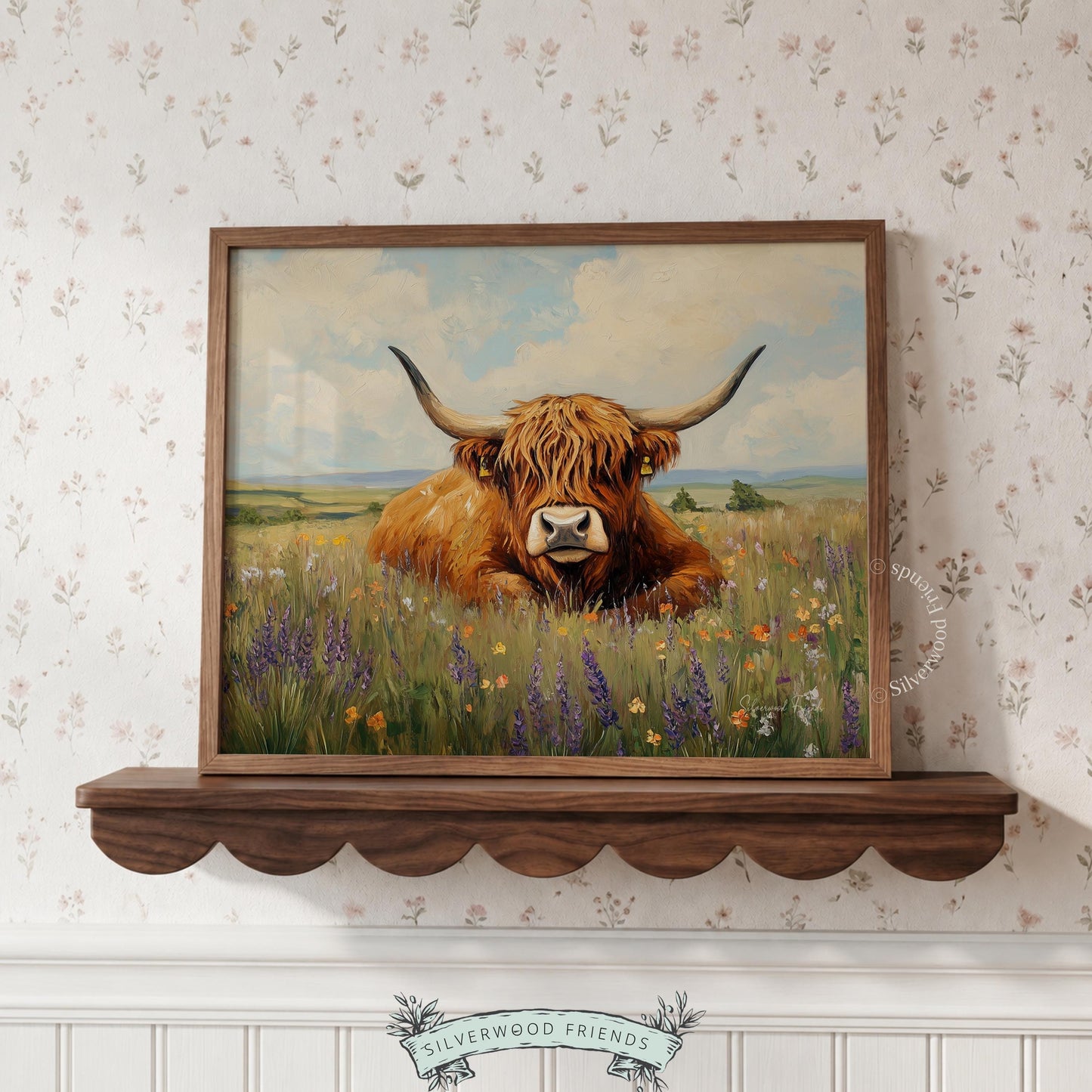 Highland cow wall art for farmhouse kitchen — rustic vibe with textured greens and vibrant wildflowers in warm tones.
