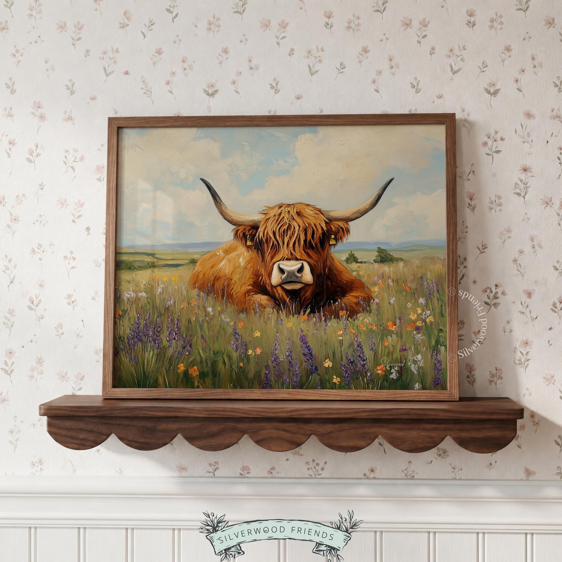 Highland cow wall art for farmhouse kitchen — rustic vibe with textured greens and vibrant wildflowers in warm tones.