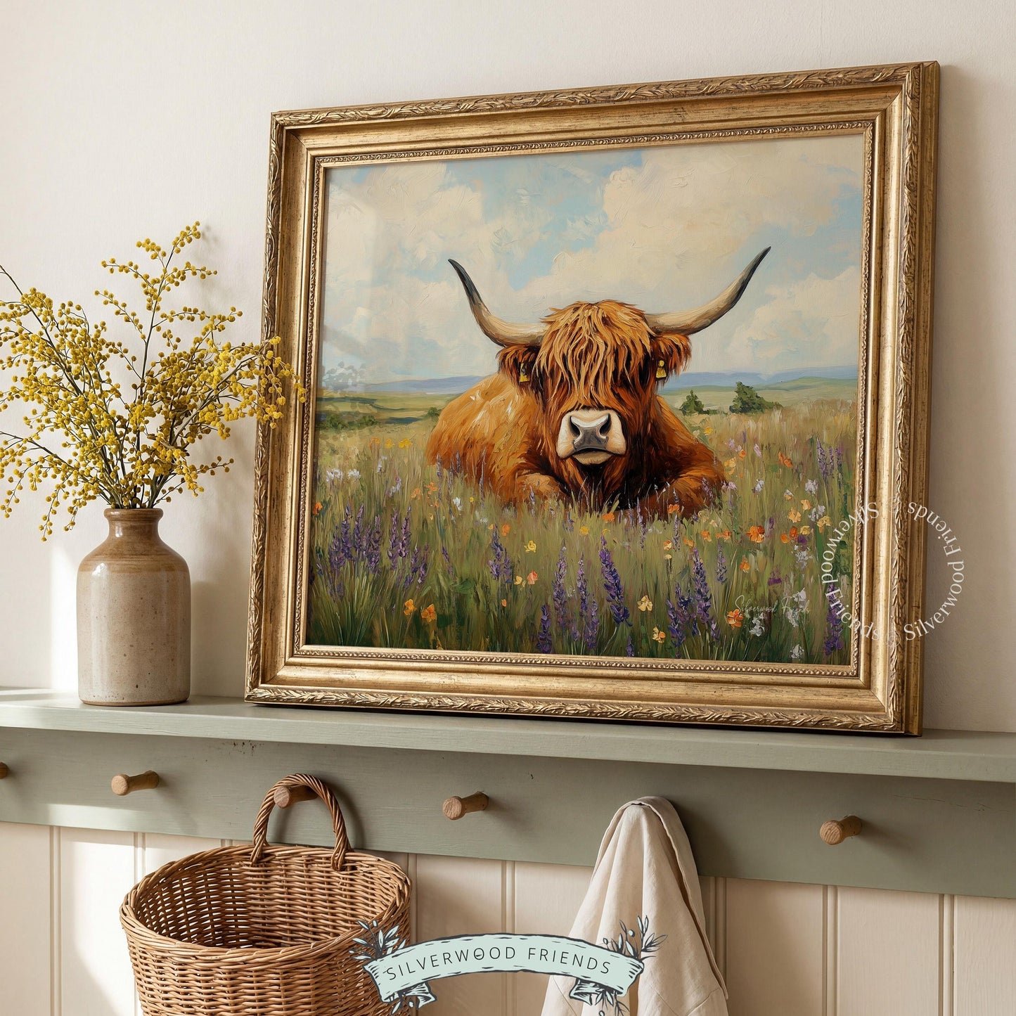 Realistic Highland cow wall decor for office — tranquil ranch landscape in earth tones to inspire creativity.