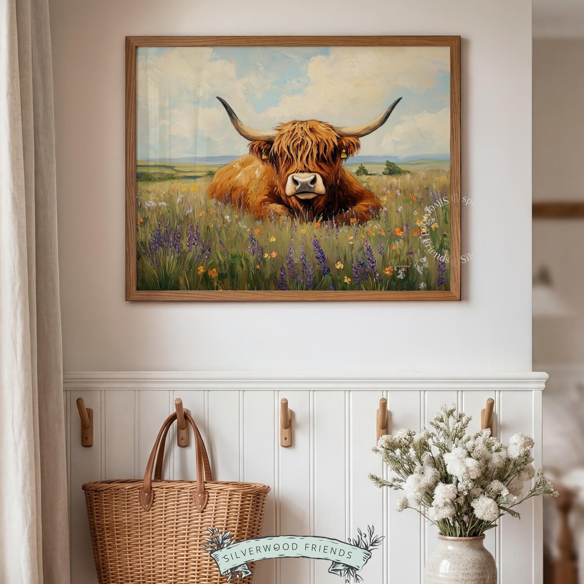 Shaggy cow wall art for dining room — warm color palette and charming countryside feel with soft blue clouds.