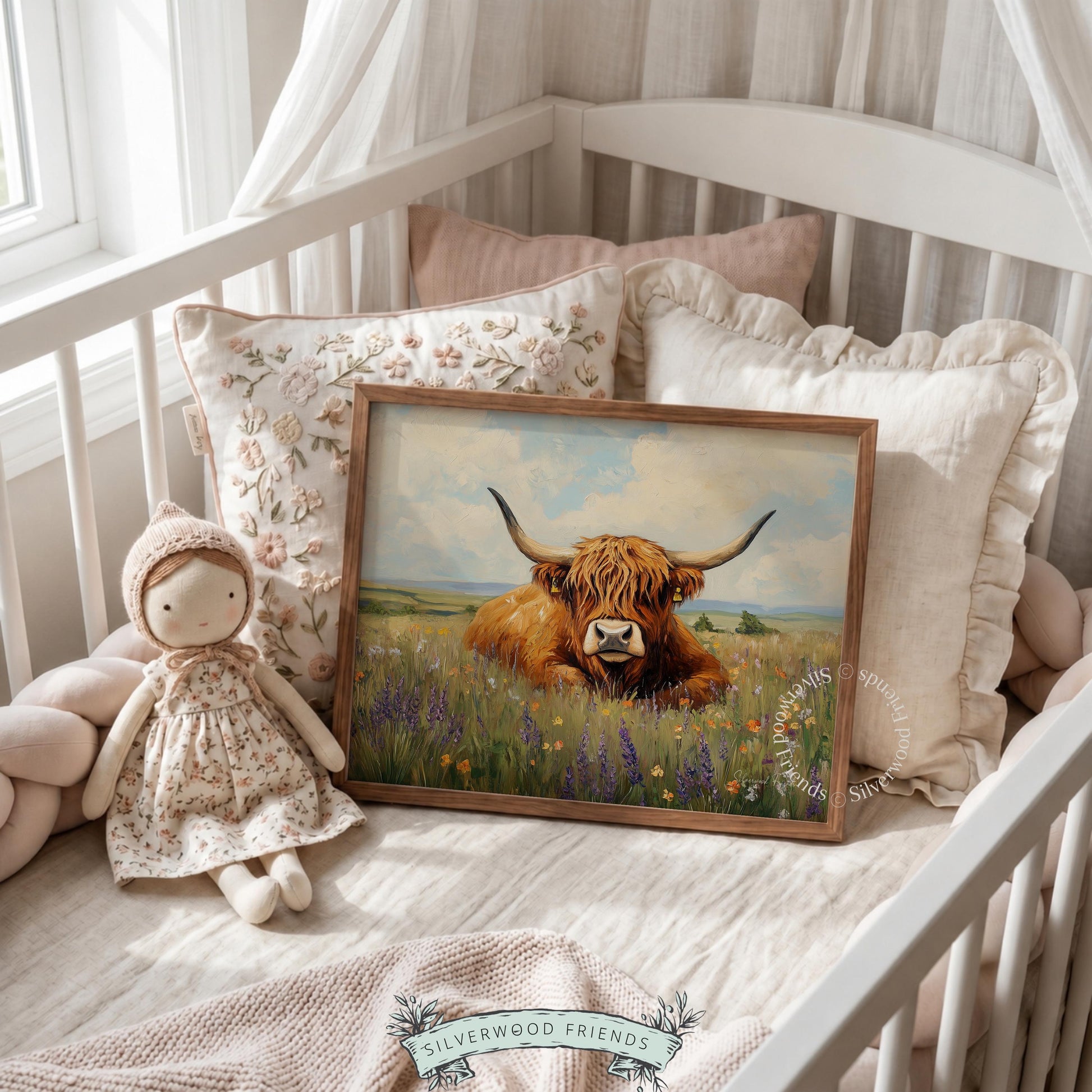 Highland cow painting for country kitchen — earthy tones and rustic farmhouse atmosphere complemented by wildflowers.