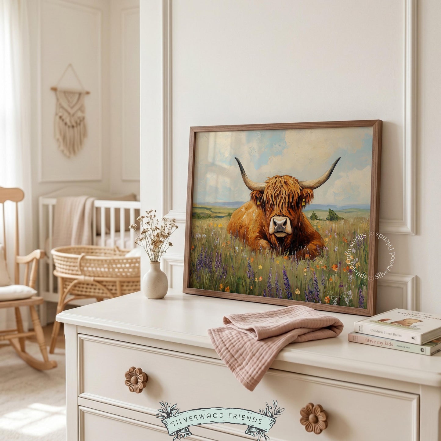 Highland cattle printable art for entry hall — inviting farmhouse scene featuring a shaggy cow and muted fields.