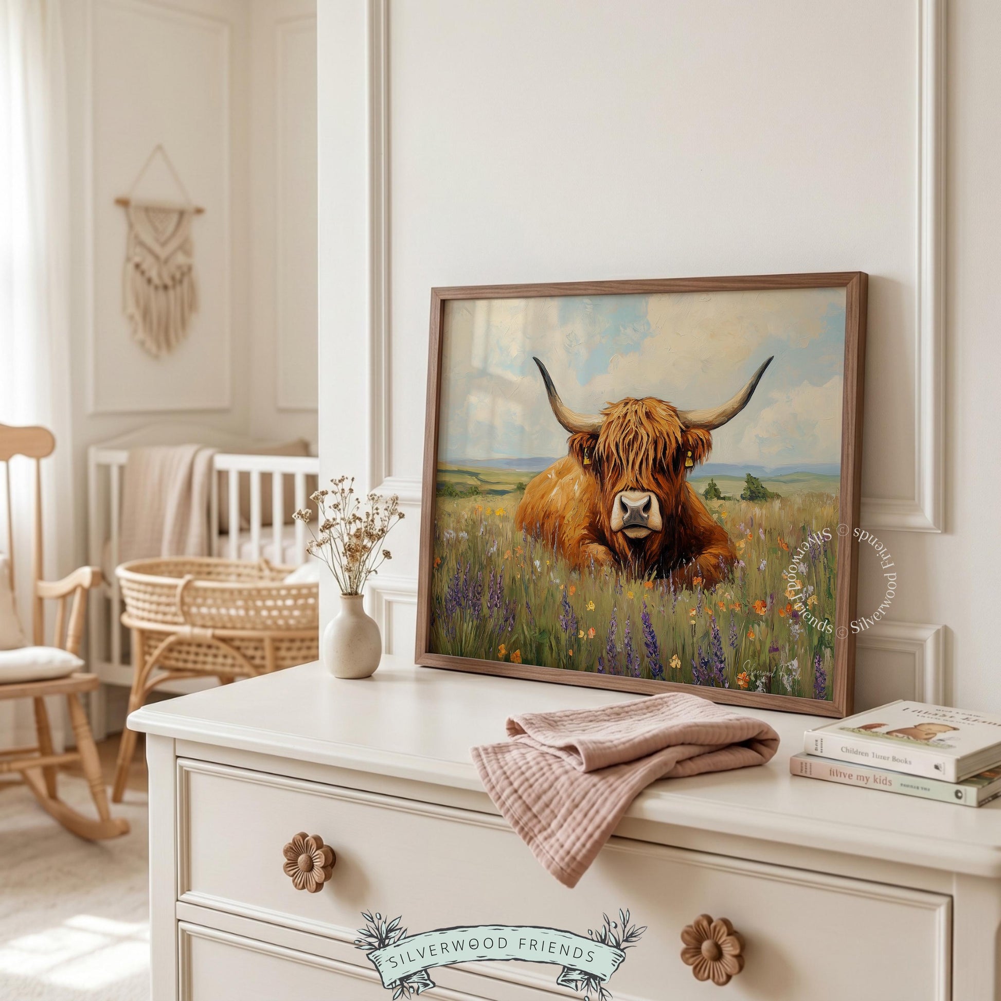 Highland cattle printable art for entry hall — inviting farmhouse scene featuring a shaggy cow and muted fields.