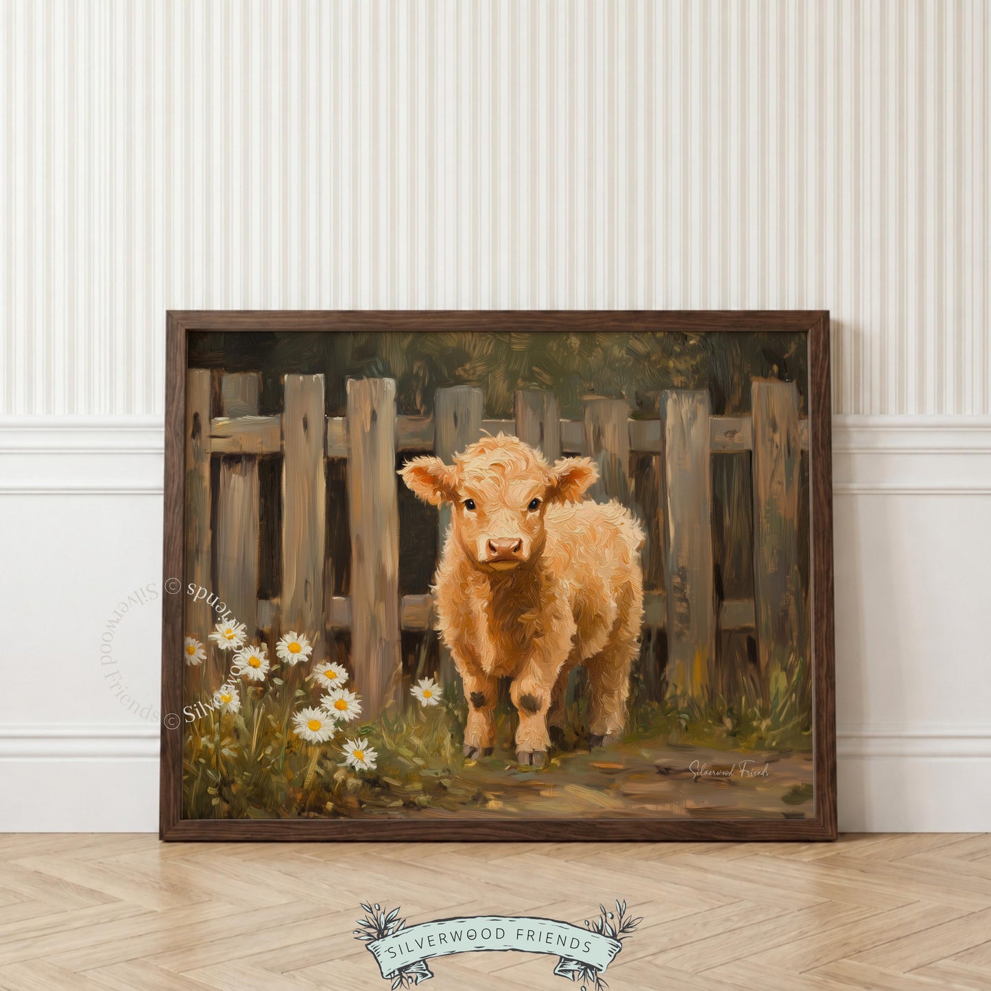 Adorable calf oil painting for children's room — featuring gentle brushwork and a cozy cottagecore atmosphere.