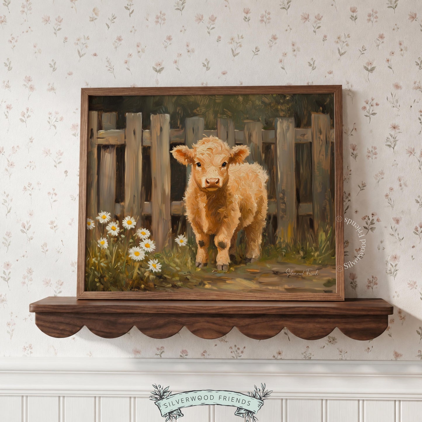 Playful tan calf poster for gallery wall — heartwarming artwork with earthy colors, ideal for a rustic touch.