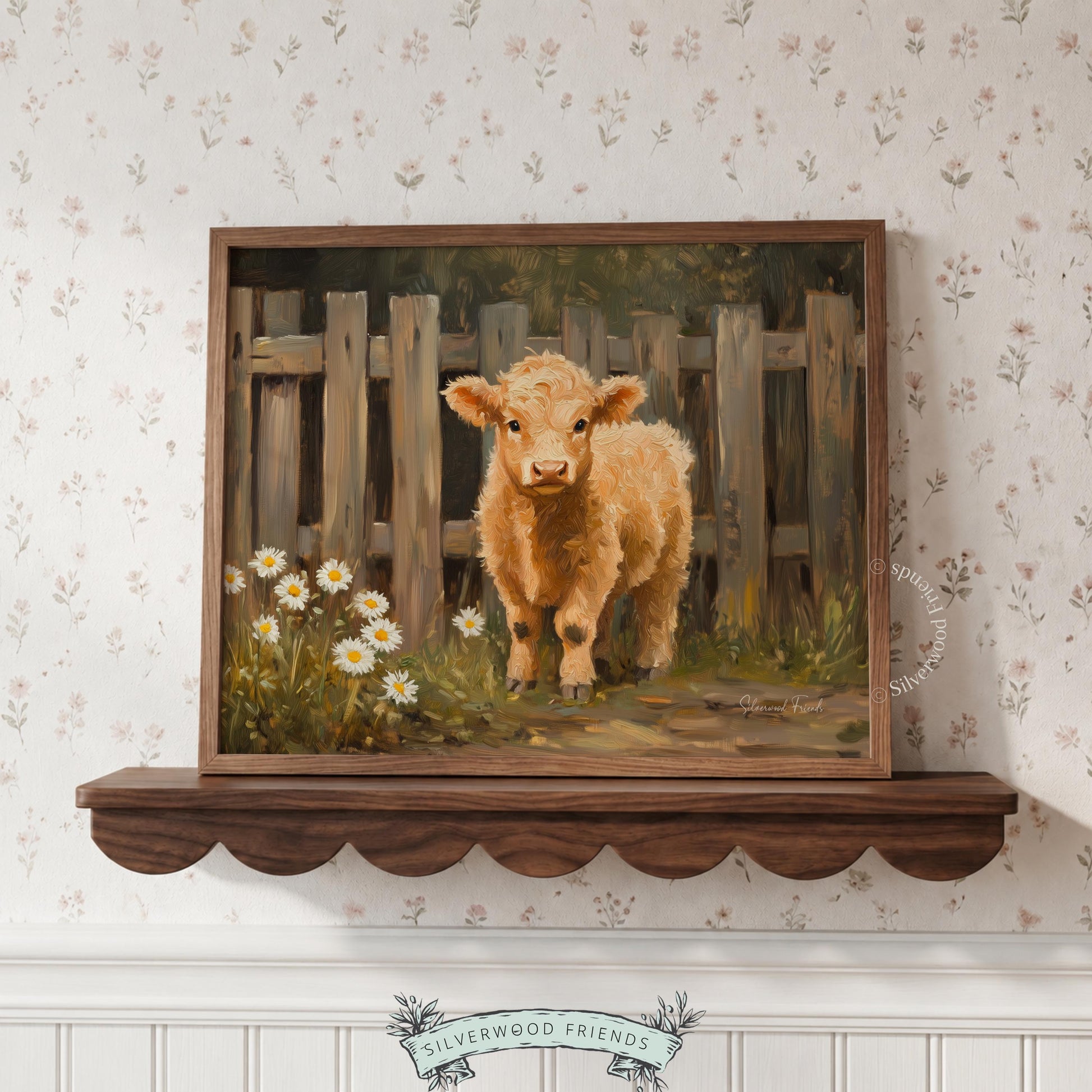 Playful tan calf poster for gallery wall — heartwarming artwork with earthy colors, ideal for a rustic touch.