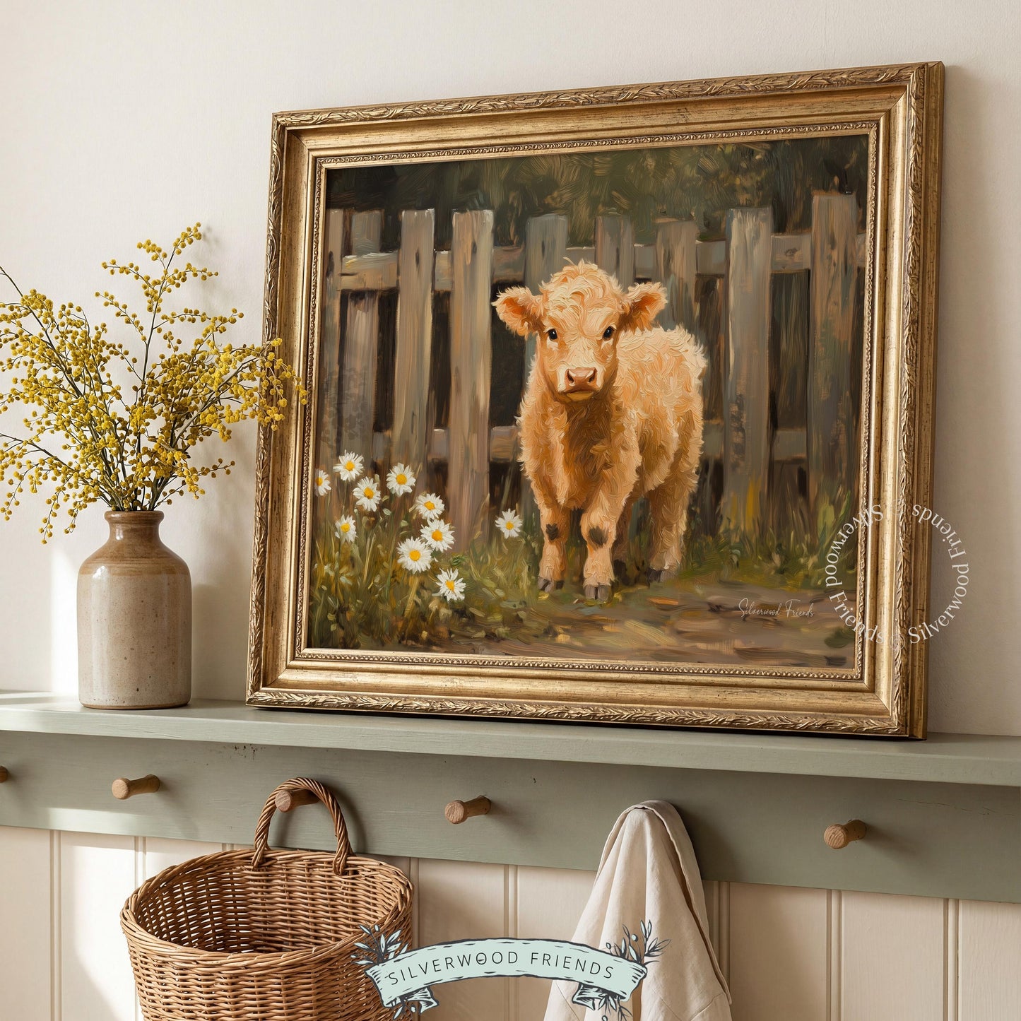 Whimsical tan calf painting for family room — charming rustic art with a soft color palette and inviting mood.