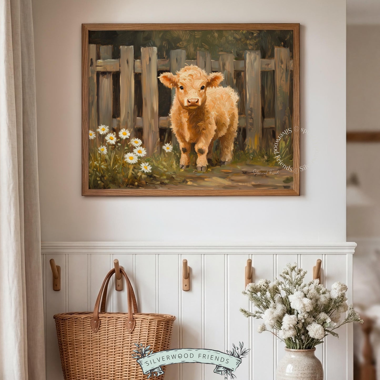 Tan calf printable art for entryway — charming traditional painting capturing rustic pastoral vibes and natural textures.