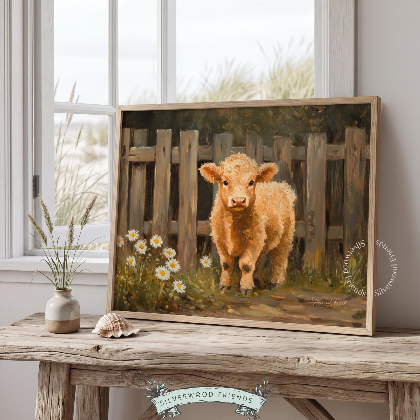 Charming calf printable wall art for family room — a warm farmhouse theme with rustic brushwork and gentle hues.