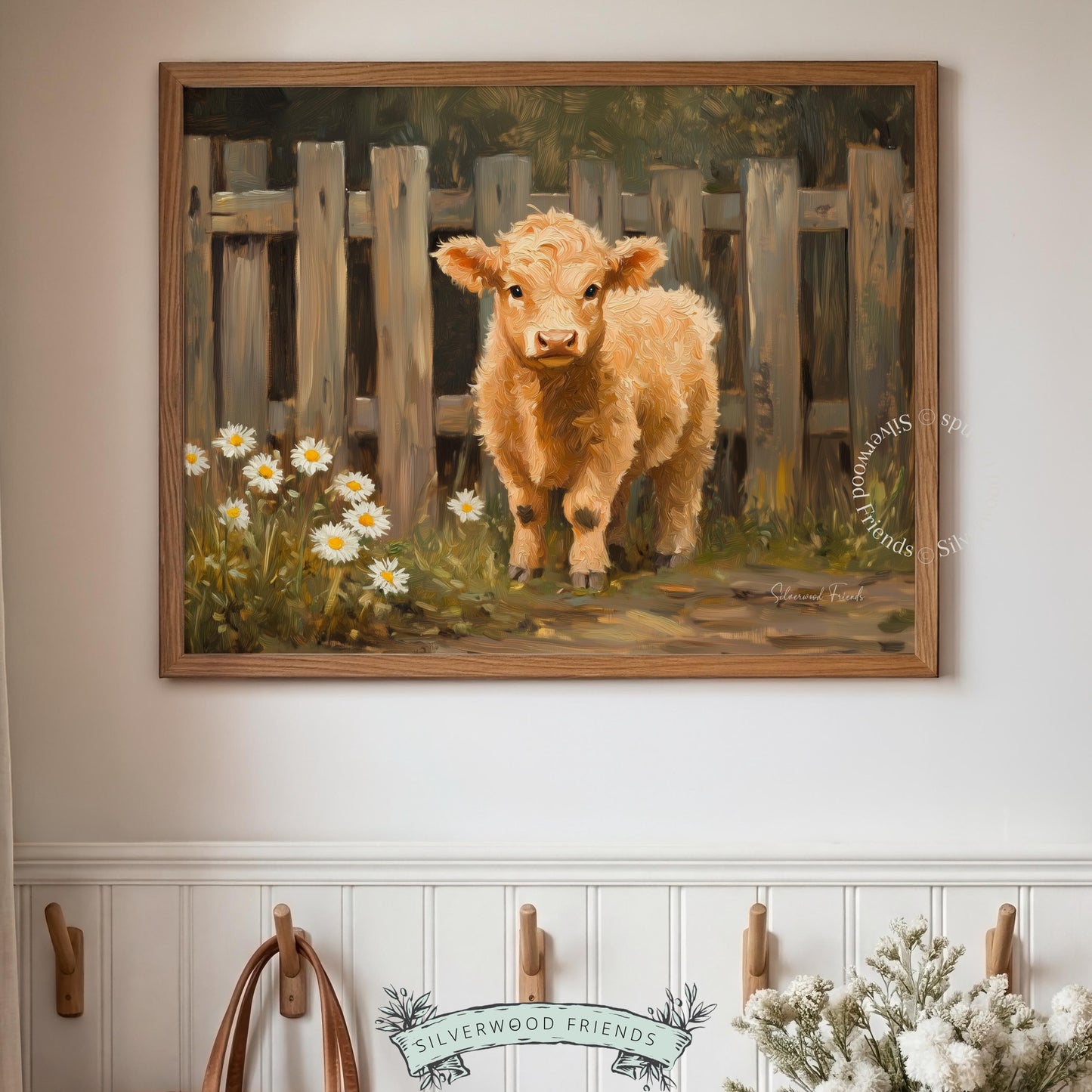 Calf picture for home office — dreamy artwork embracing rustic vibes and a tranquil nature-inspired palette.