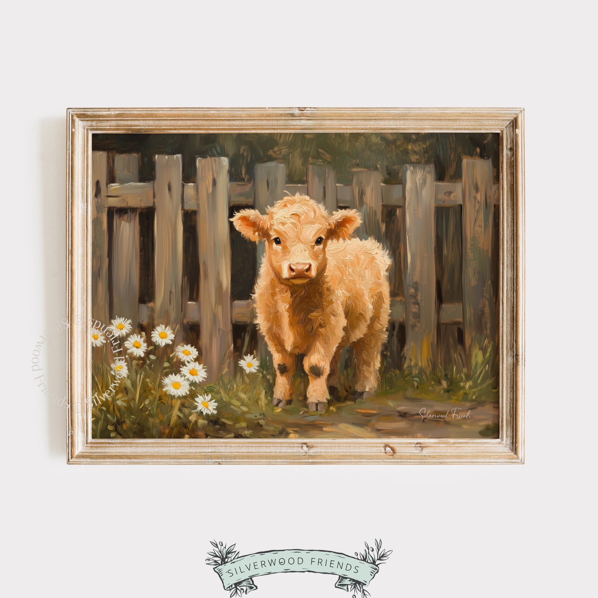 Rustic calf painting digital print for playroom — pastoral scene featuring soft colors and a serene countryside feel.