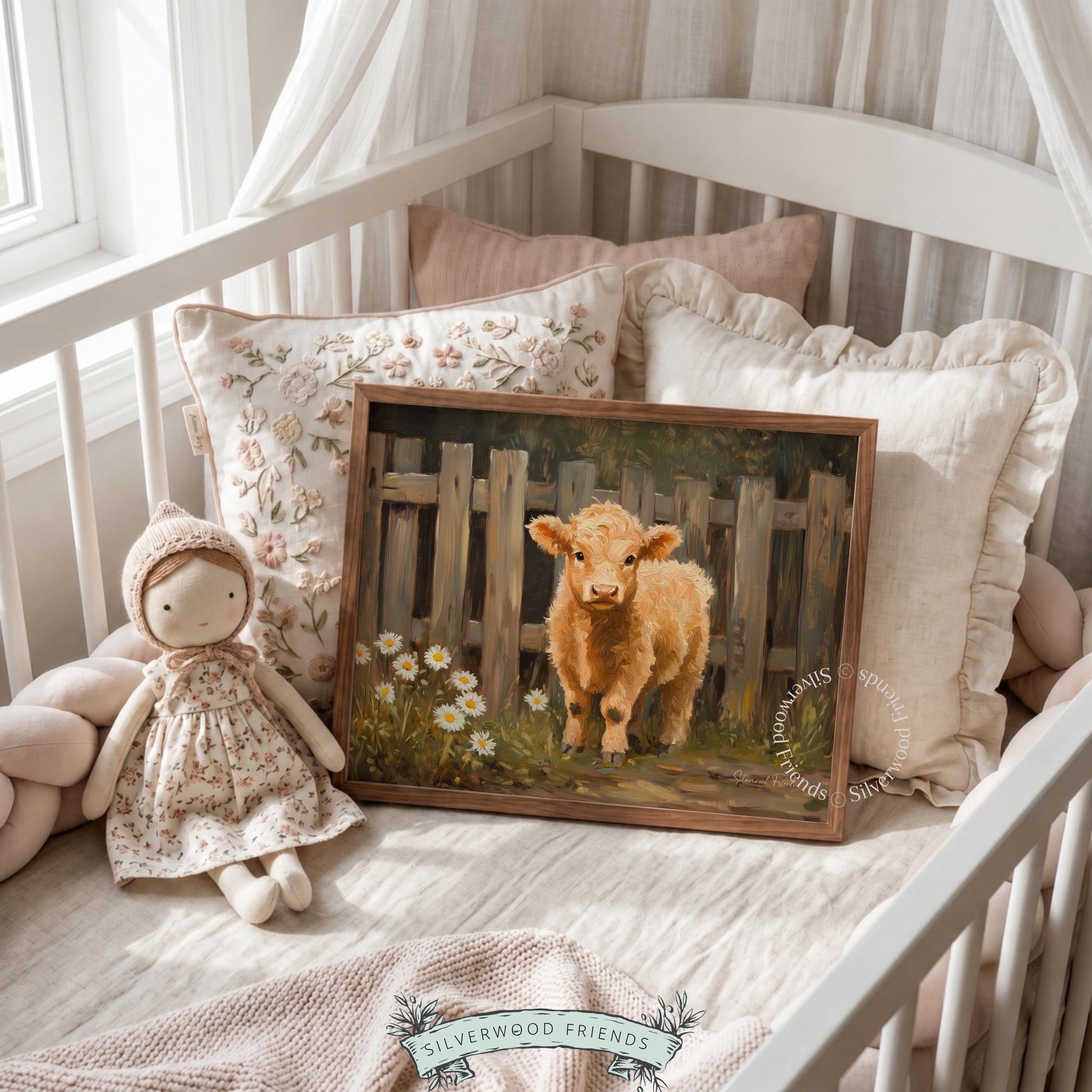 Pastoral calf poster for nursery — warm natural hues and weathered elements, creating a cozy atmosphere.