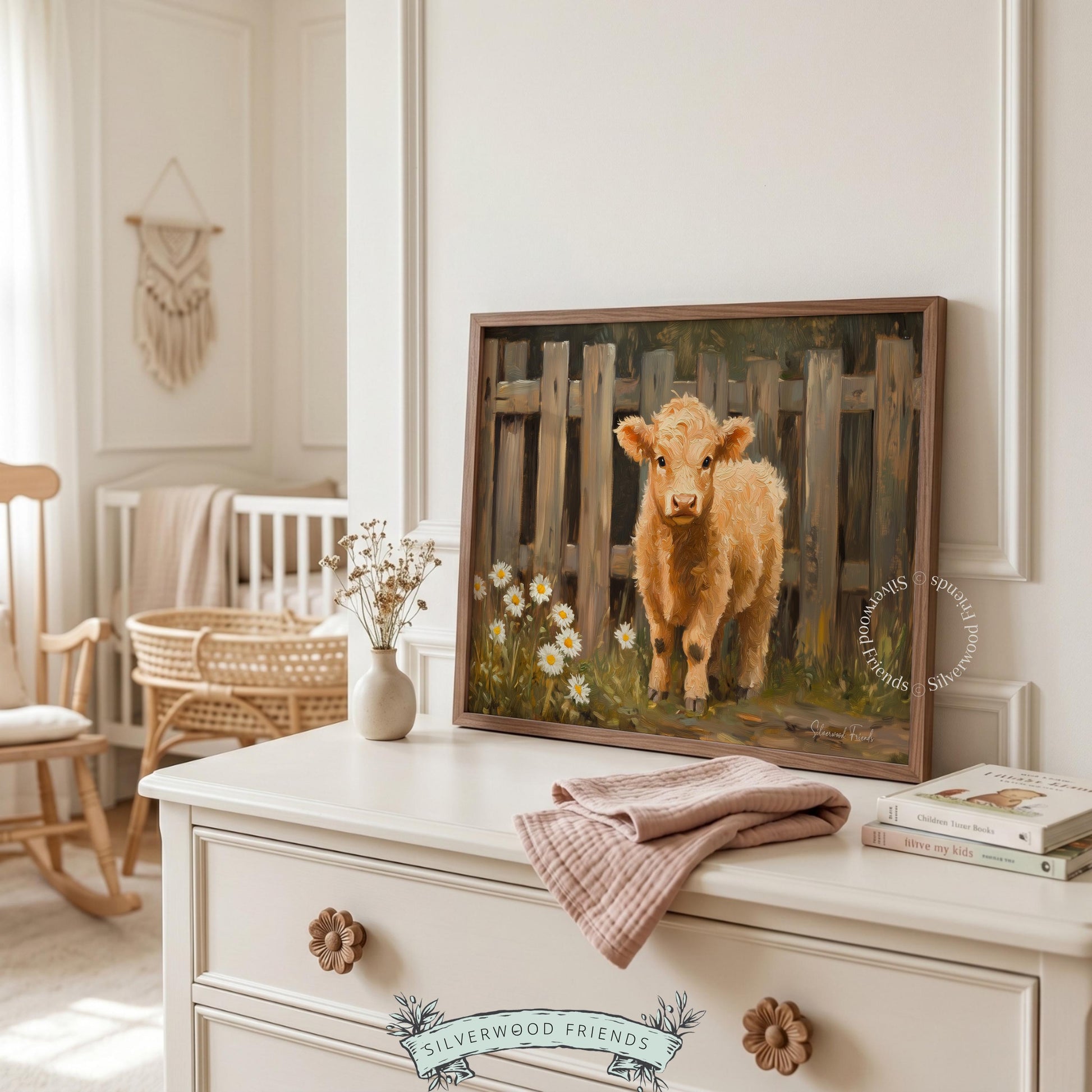Cute calf wall art for kids' bedroom — perfect blend of cozy farmhouse theme and vibrant, earthy colors.