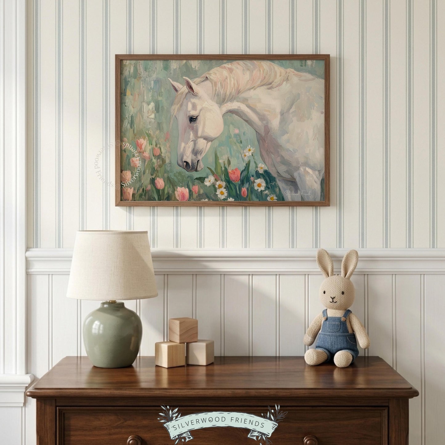 Elegant horse picture for entryway — traditional canvas art showcasing a soft expression amidst a peaceful floral field.