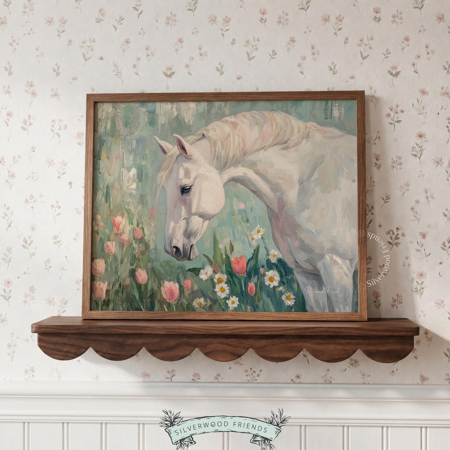 Rustic horse picture for country-themed room — beautiful equestrian art showcasing a gentle spirit among blooming flowers.