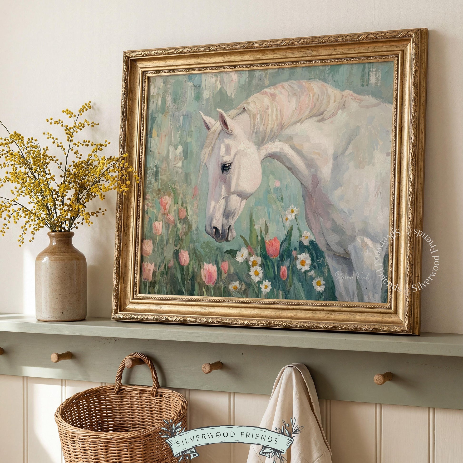 Charming horse digital print for cozy spaces — inviting nature-inspired art featuring a sweet horse and soft pink accents.