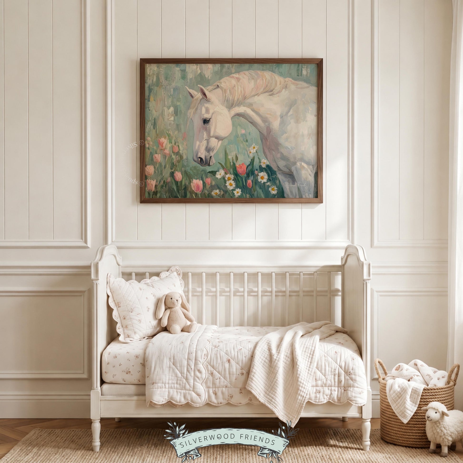 Impressionistic horse wall art for vintage spaces — calming equestrian piece with a rustic touch and elegant wildflowers.
