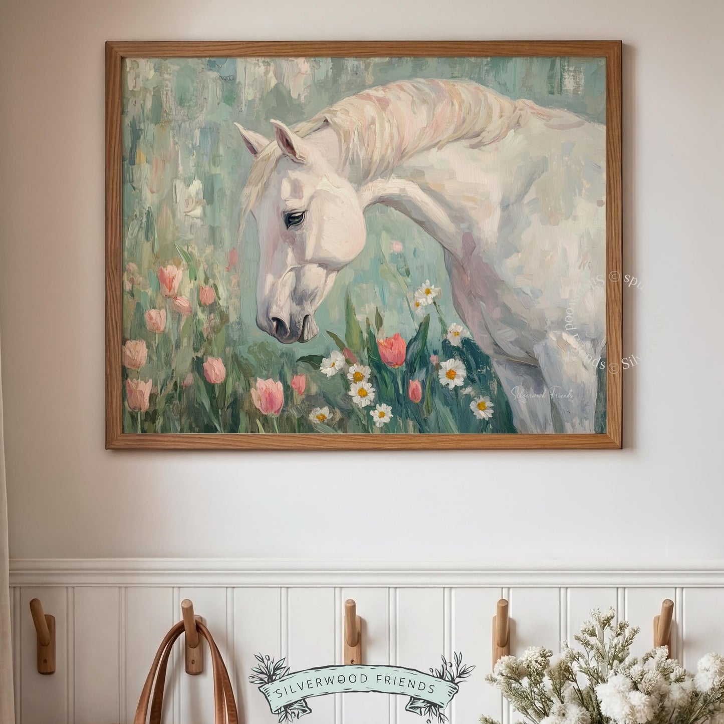 Gentle horse wall art for farmhouse — pastoral painting featuring a calm creature against a floral backdrop.