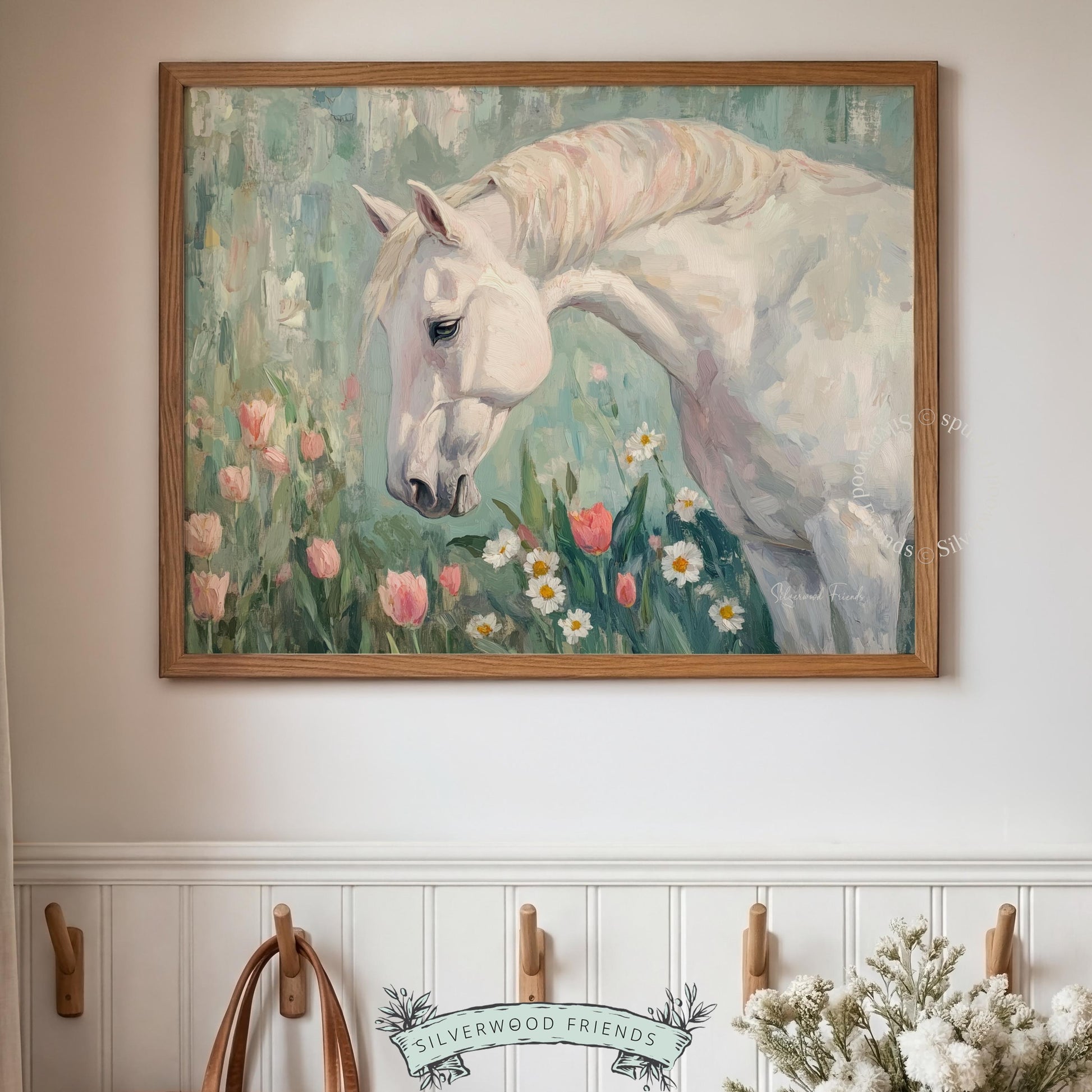 Gentle horse wall art for farmhouse — pastoral painting featuring a calm creature against a floral backdrop.