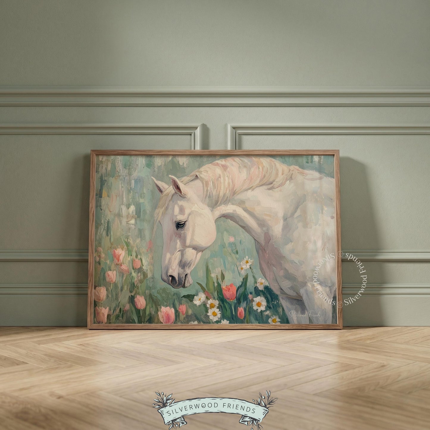 White cream horse printable art for nursery — serene equine depiction surrounded by soft wildflowers and gentle hues.