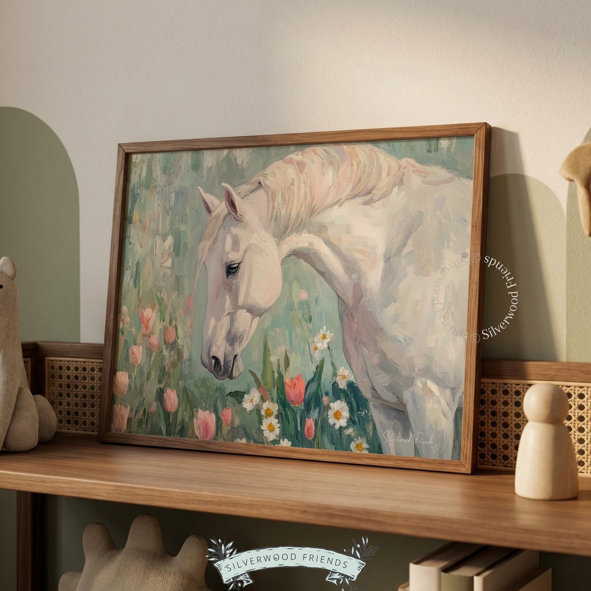 Impressionistic horse wall art for farmhouse — floral-adorned art featuring a graceful horse in calming earth tones.