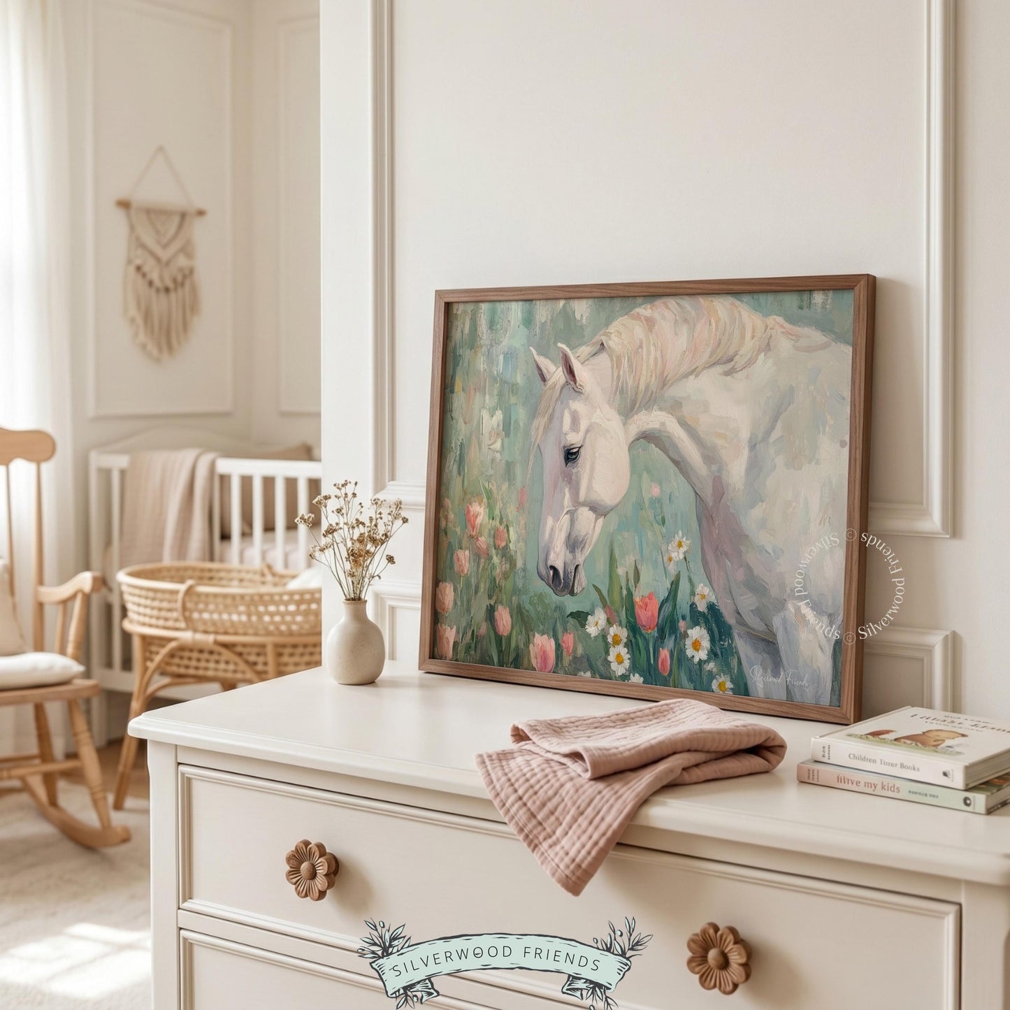 Pastoral horse artwork for stylish entryway — earthy hues and wildflowers embody a serene ambiance in this piece.