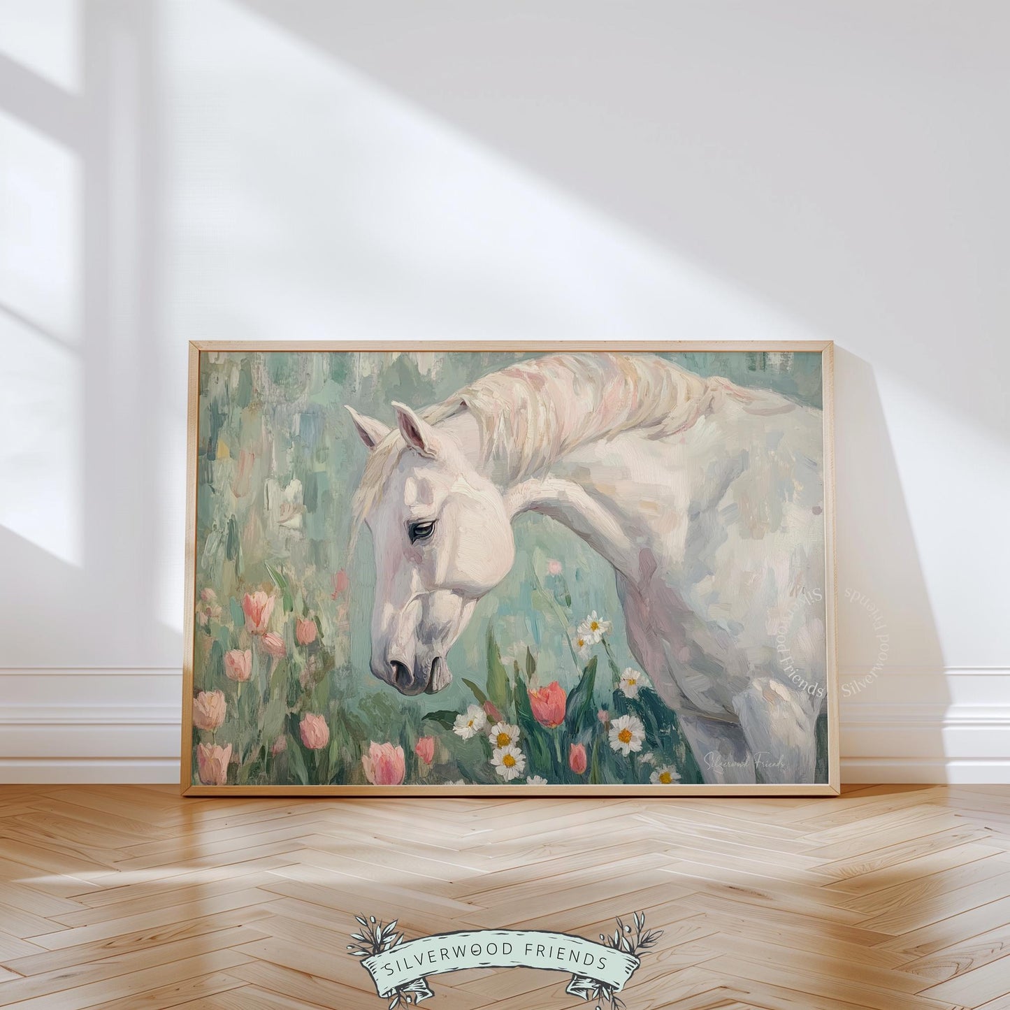 Graceful horse oil painting for living room — romantic country artwork adorned with wildflowers and soothing colors.
