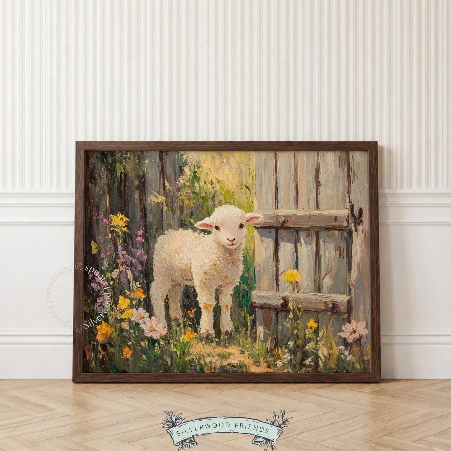 Lamb oil painting wall art for dining room — charming artwork featuring earthy colors and a rustic countryside feel.