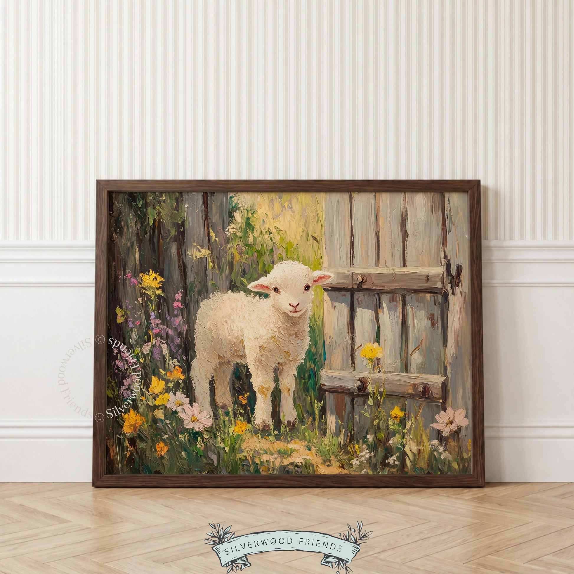 Lamb oil painting wall art for dining room — charming artwork featuring earthy colors and a rustic countryside feel.